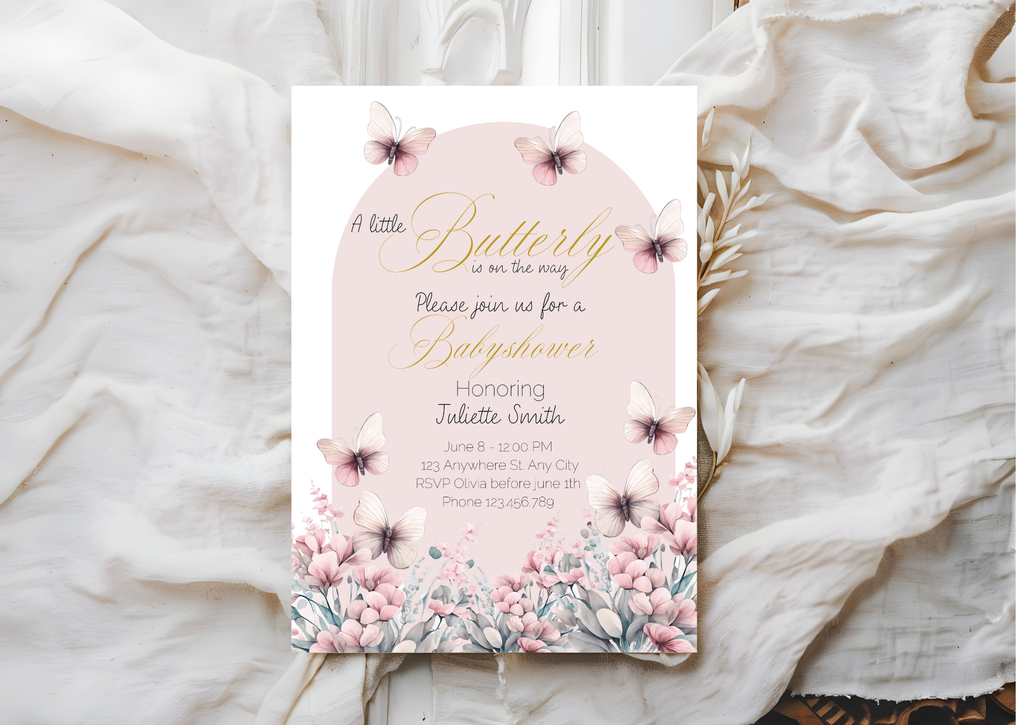 A Little Butterfly Is on the Way Baby Shower Invite | Pink Boho Butterflies | 5×7 Canva Template | Editable Printable Digital Download
