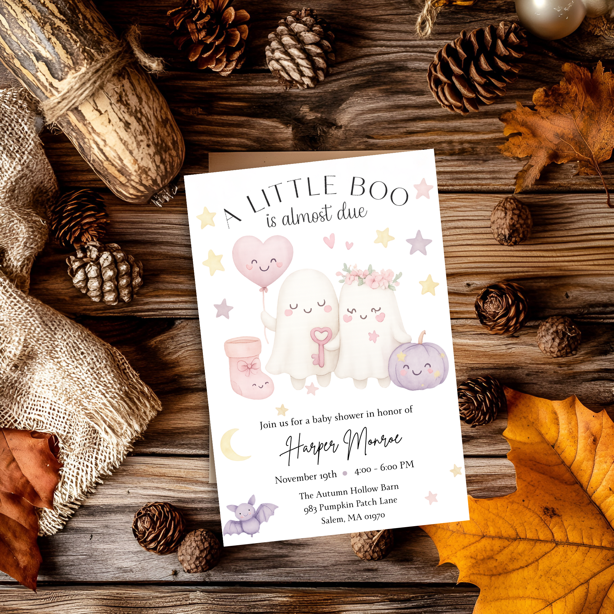 A Little Boo Baby Shower Invitation, Pink Halloween Baby Shower Invitation, Ghost Halloween Girl Baby Shower Invite, Editable Template Pink