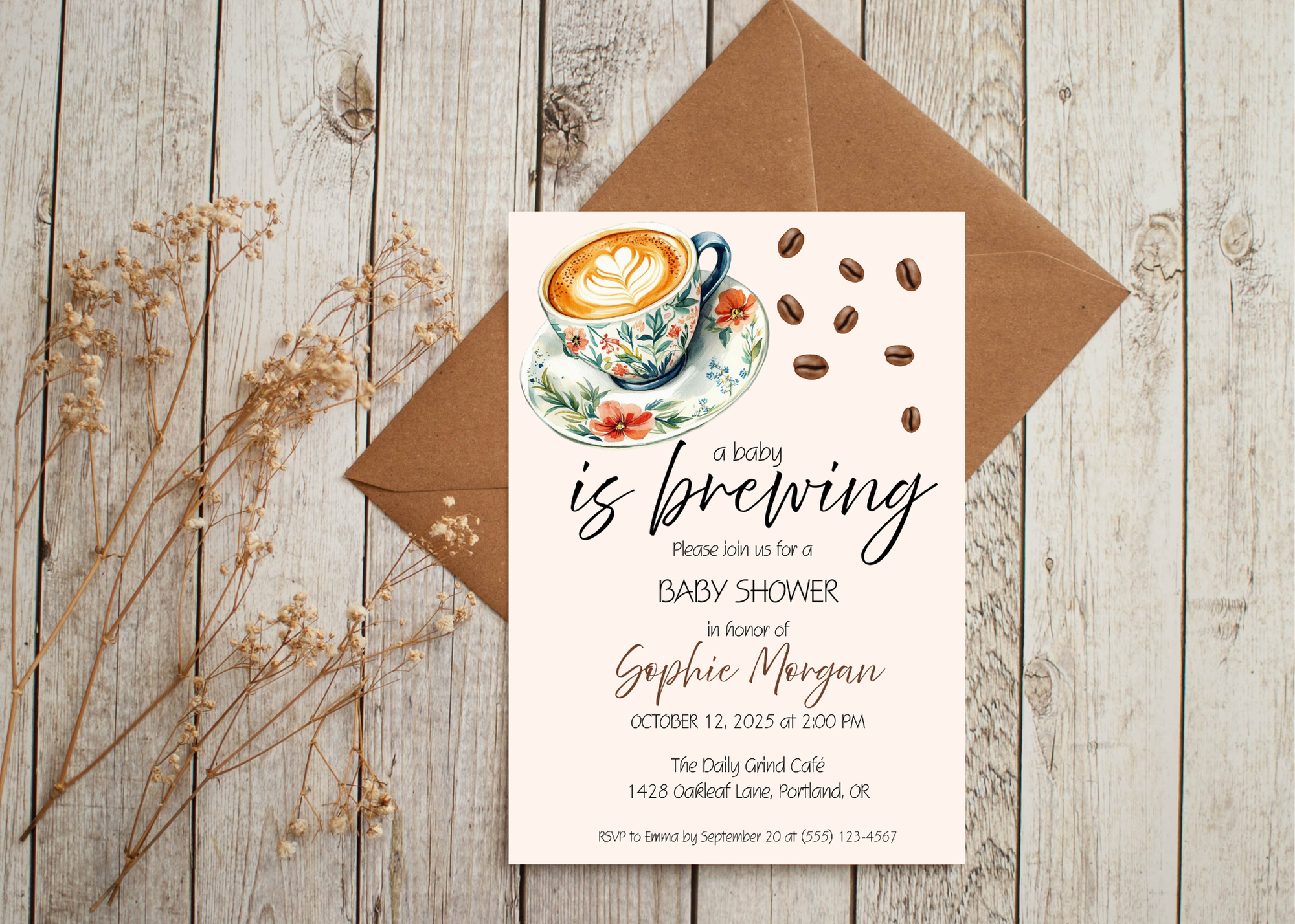 A Baby Is Brewing Invite | Coffee Baby Shower Invitation | Canva Template | Printable 5x7 | Editable Digital Download for Baby Girl or Boy