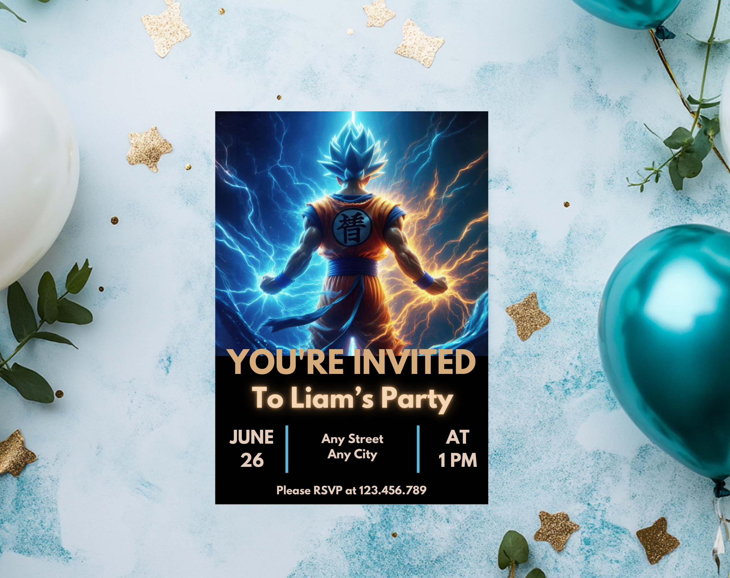 Editable Anime Warrior Birthday Invitation Canva Template | Action Hero Party Invite for Boys | Saiyan Inspired Digital Download