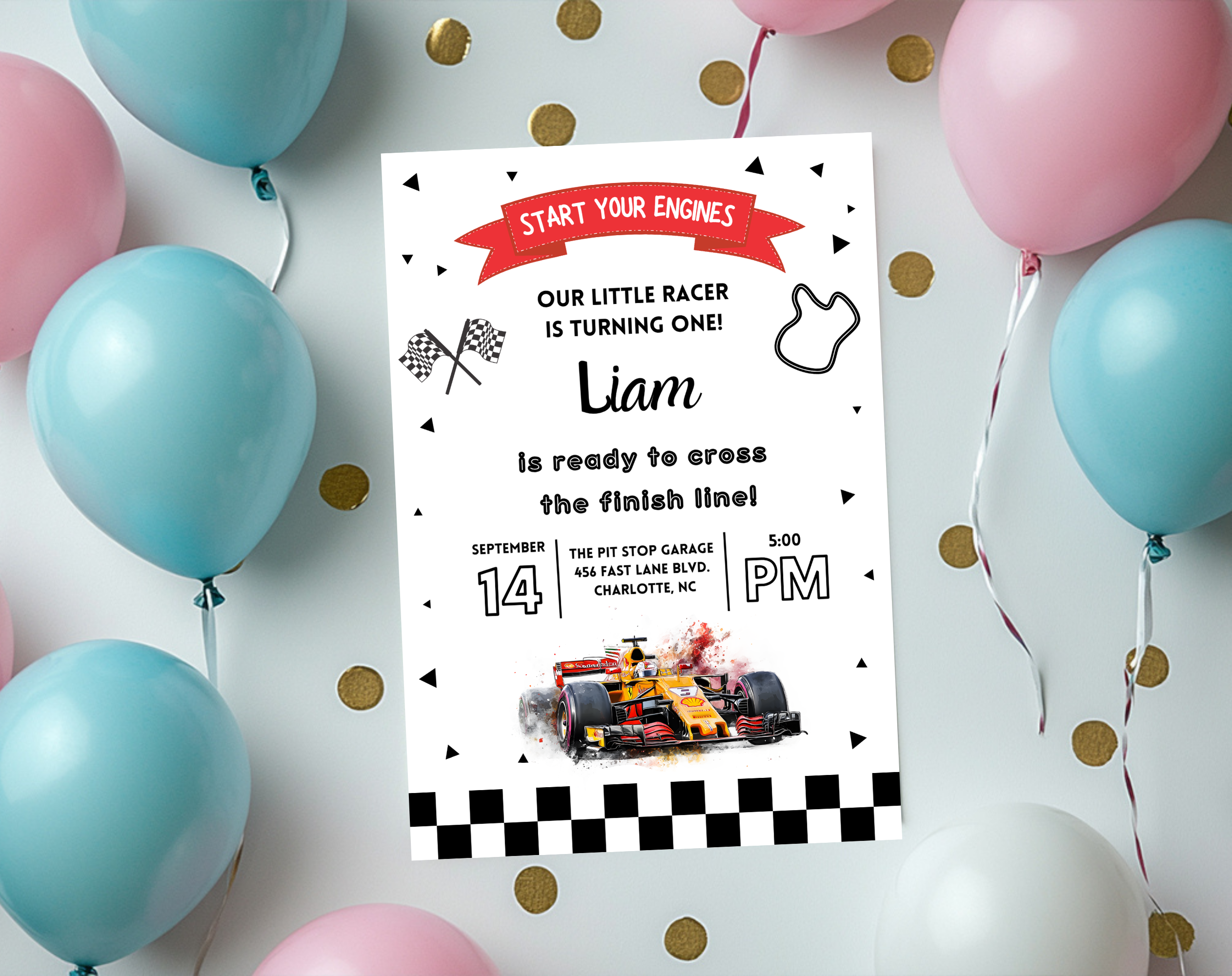 Race Car 1st Birthday Invitation for Boys | Formula One Racing Theme | Editable 5x7 Canva Template | Printable Digital Download Invite