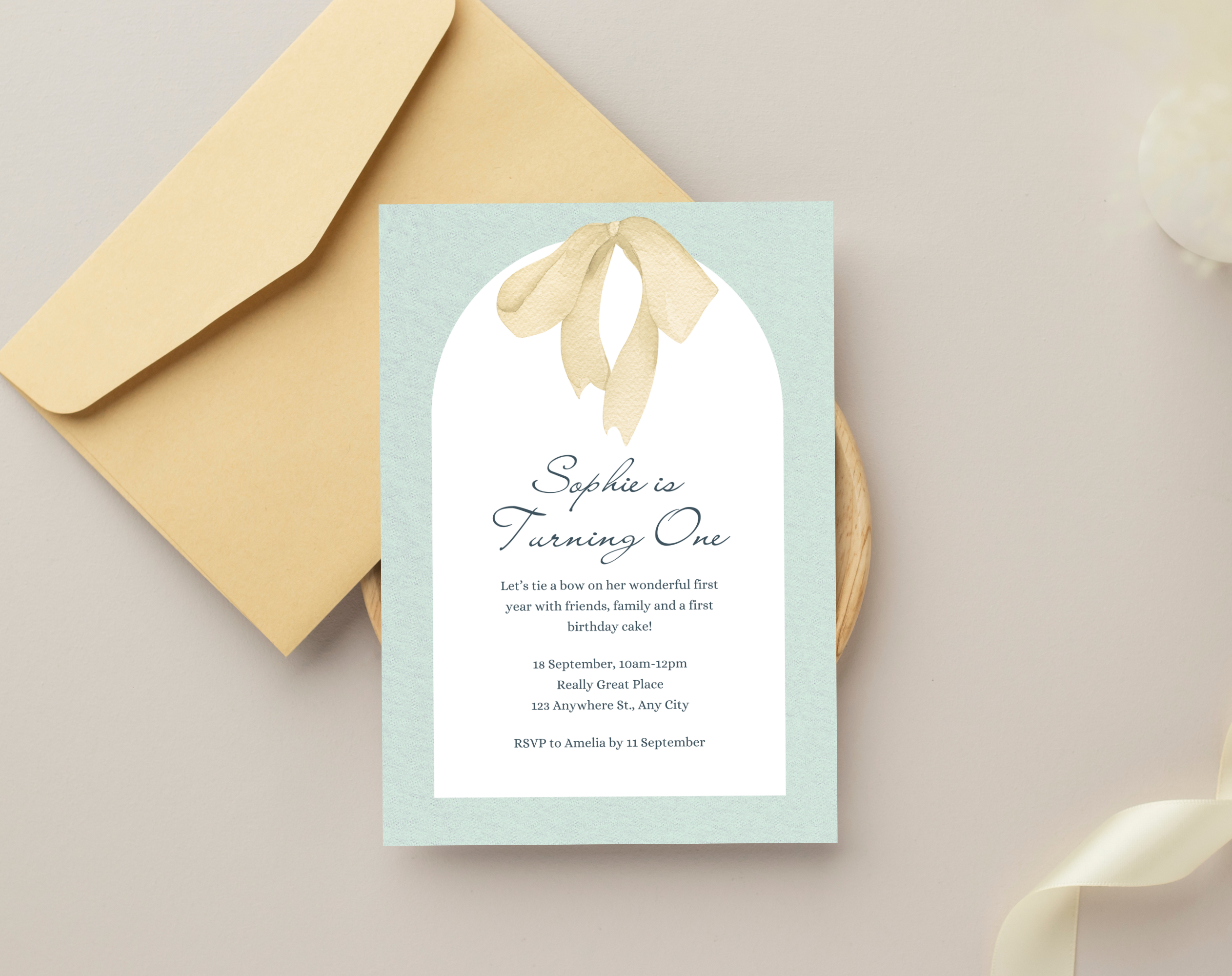 First Birthday Invitation Girl | Light Green Yellow Bow Theme | Editable Canva Template | Printable 1st Birthday Party Invite for Her