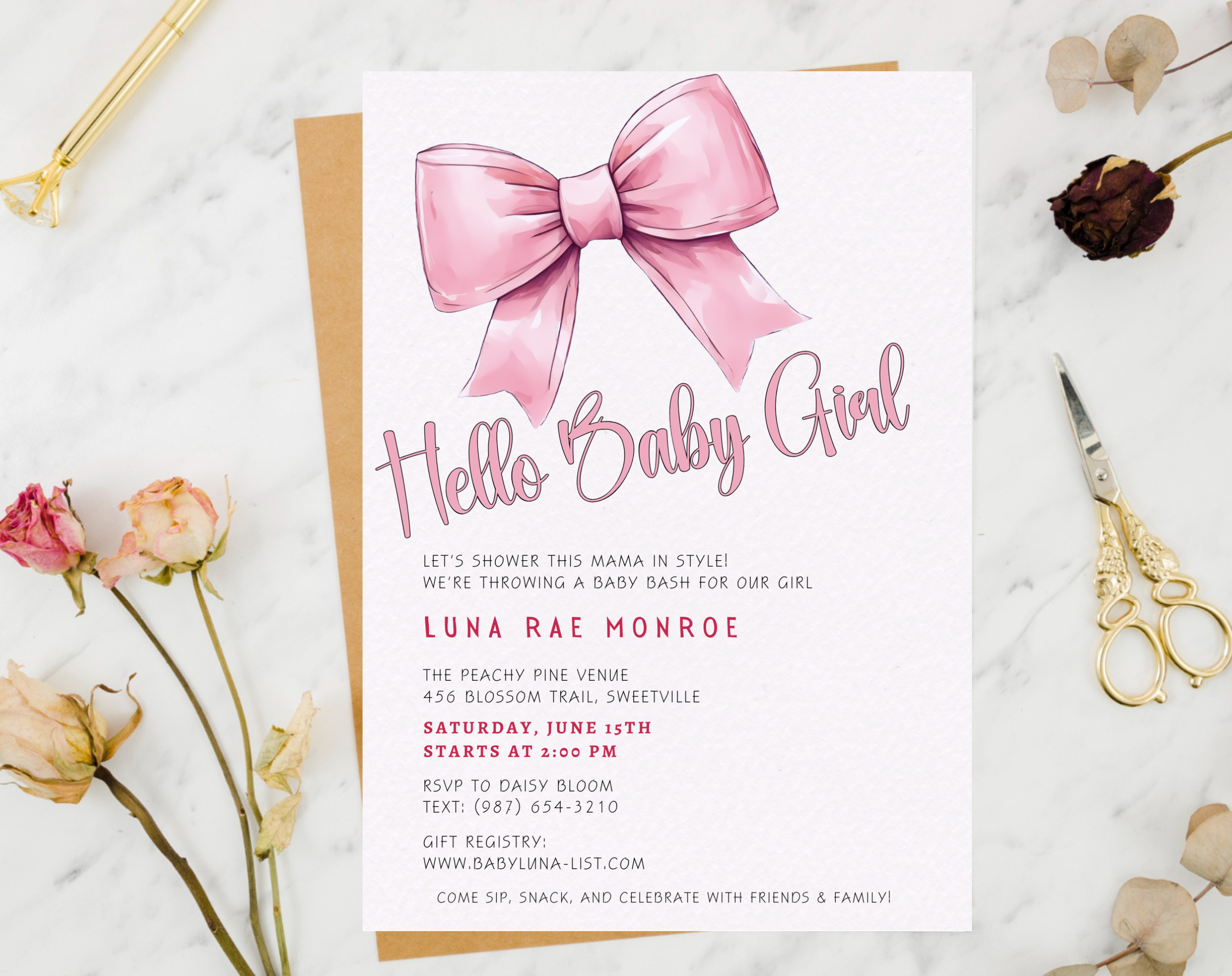 Editable Baby Shower Invitation Girl | Pink Floral Baby Invite Canva Template | Digital Download | Printable Baby Shower Invite 5x7