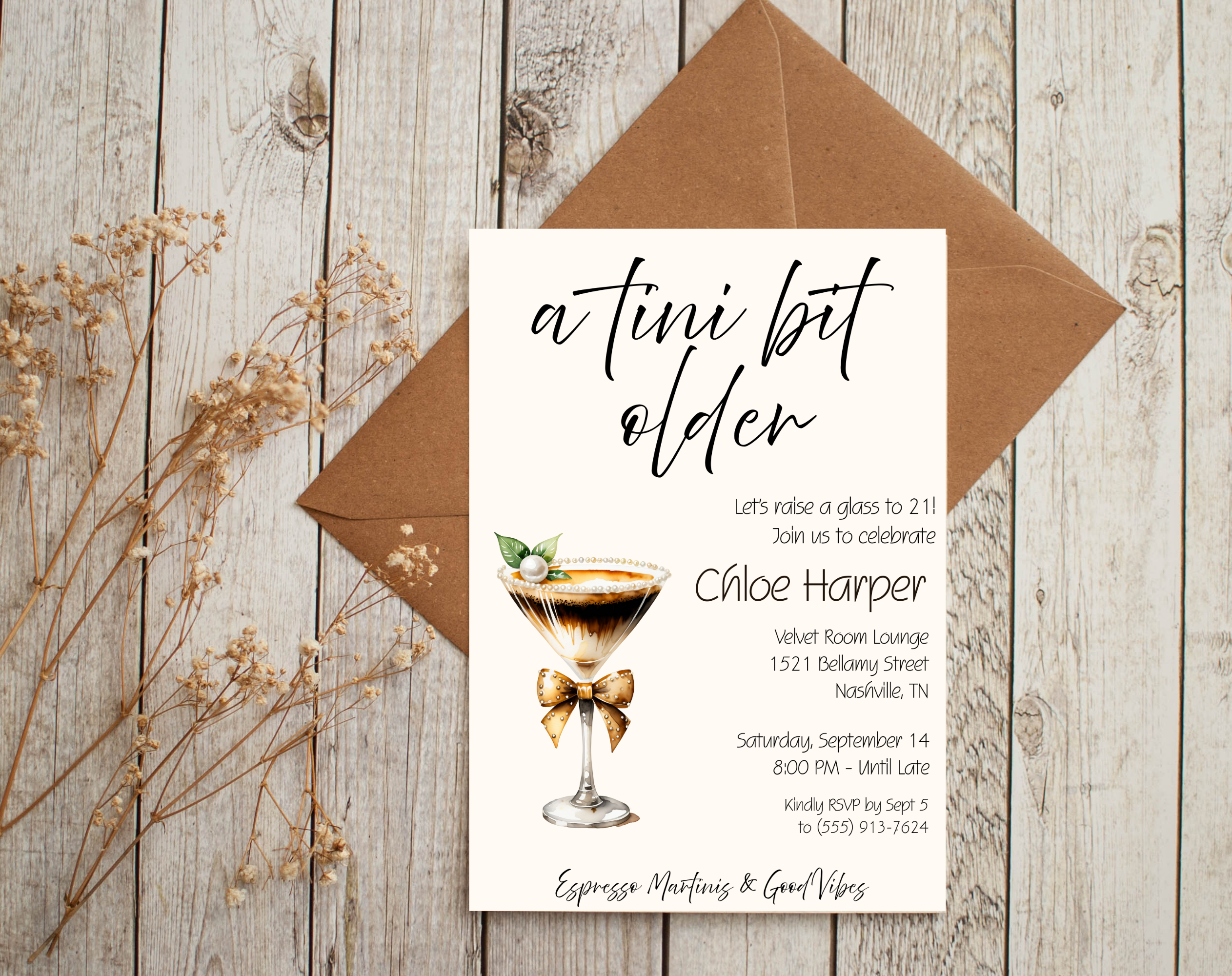 A Tini Bit Older 21st Birthday Invite | Espresso Martini Cocktail Party | Women’s Birthday Invite Drink Bow EDITABLE template in Canva