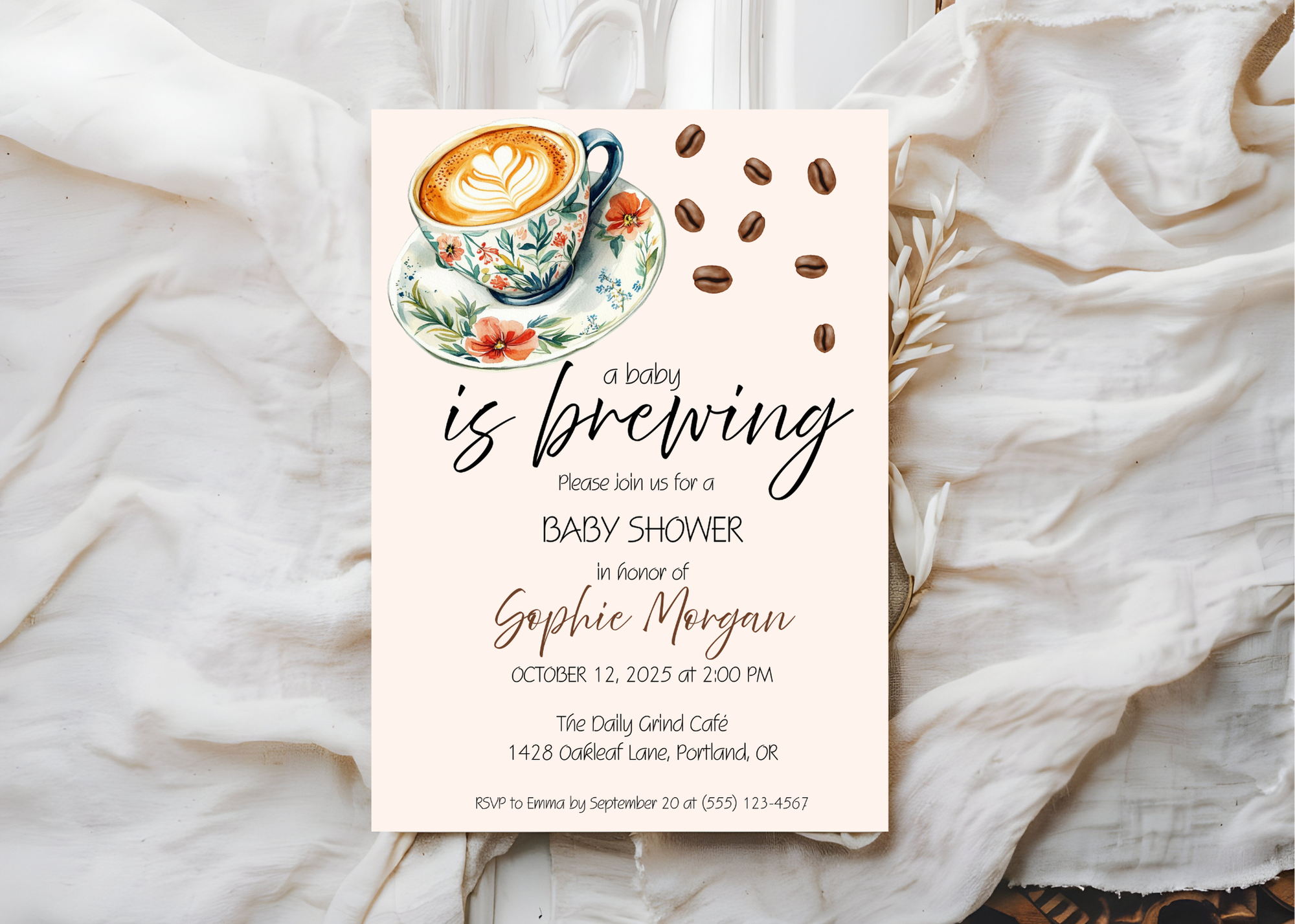 A Baby Is Brewing Invite | Coffee Baby Shower Invitation | Canva Template | Printable 5x7 | Editable Digital Download for Baby Girl or Boy
