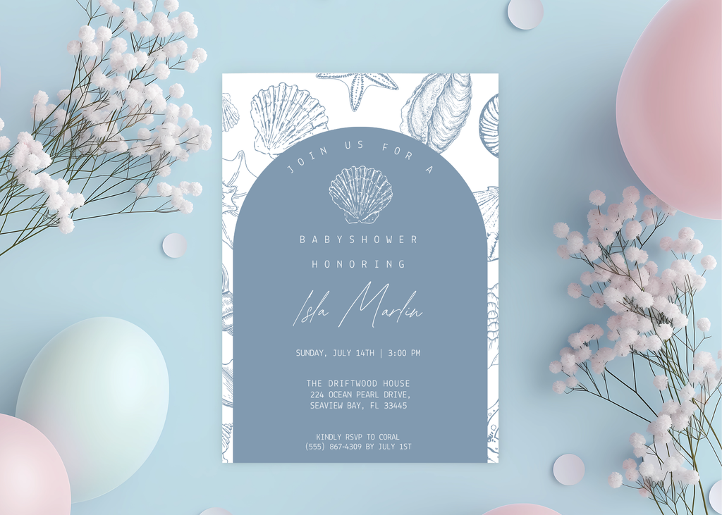 Sea You Soon Baby Shower Invitation | Ocean Shell 5×7 Canva Template | Beach Coastal Baby Invite | Editable Printable Digital Download