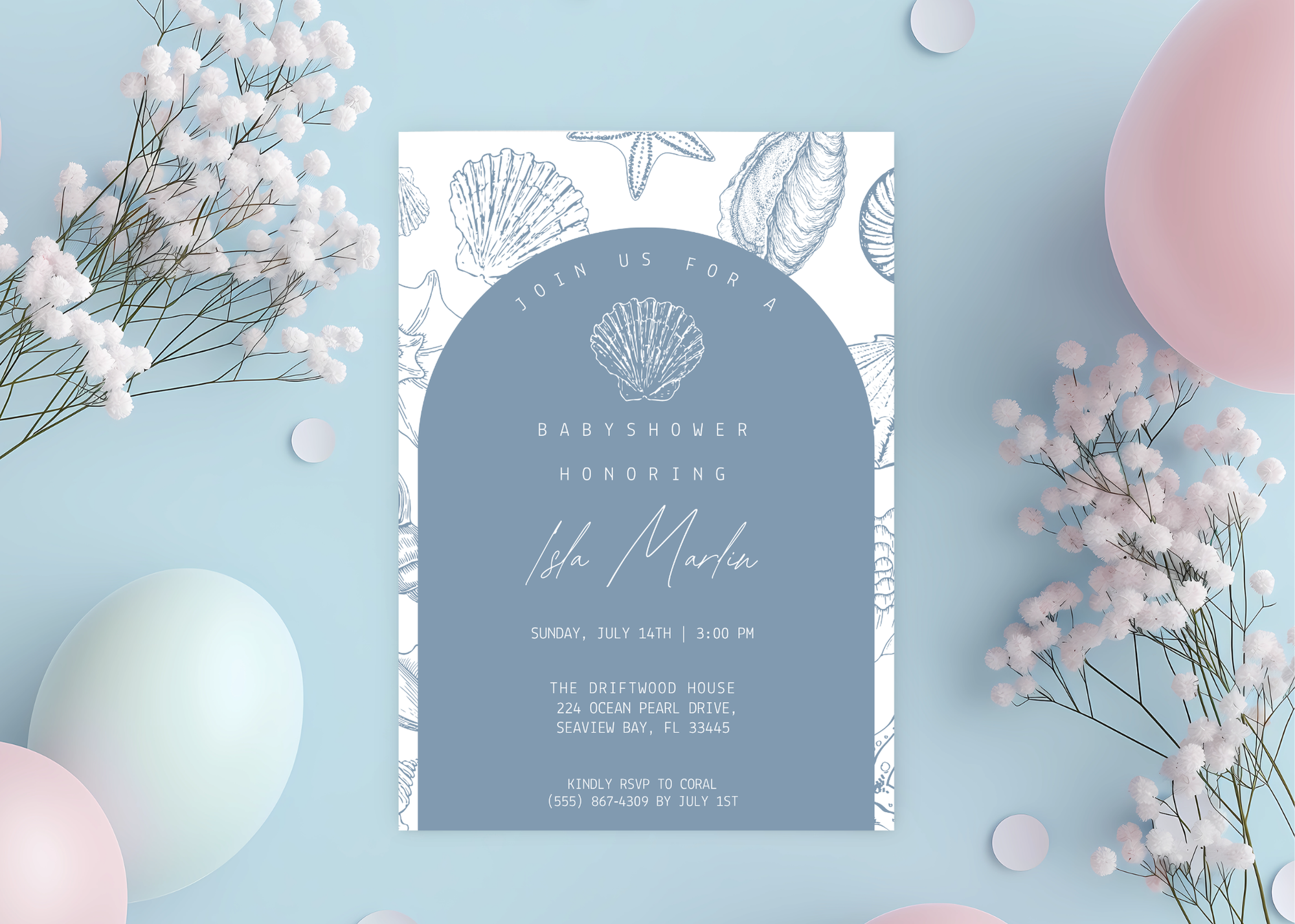 Sea You Soon Baby Shower Invitation | Ocean Shell 5×7 Canva Template | Beach Coastal Baby Invite | Editable Printable Digital Download