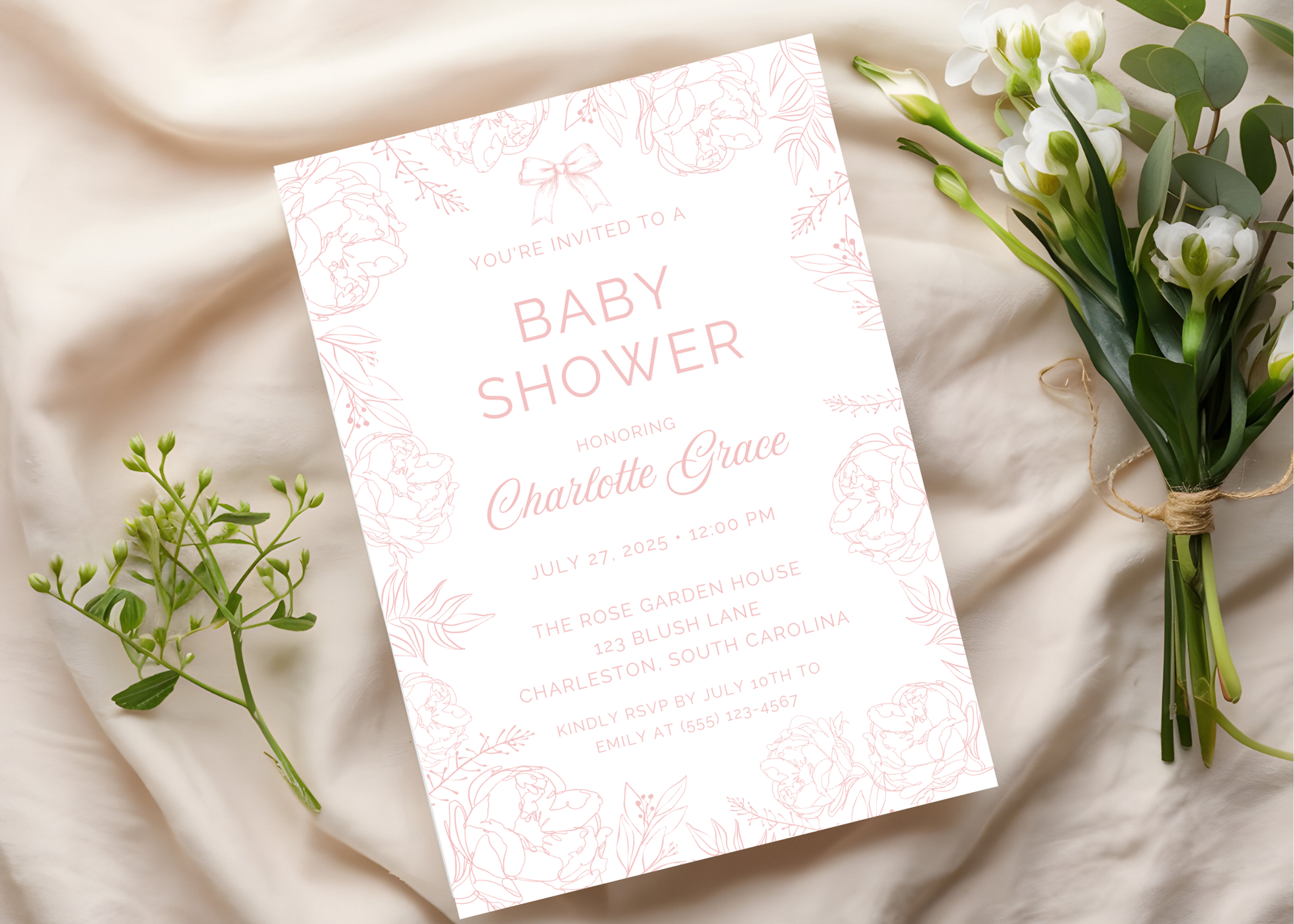 Vintage Pink Toile Baby Shower Invitation | French Pink Blush 5x7 Canva Template | Girl Baby Invite | Editable Printable Digital Download