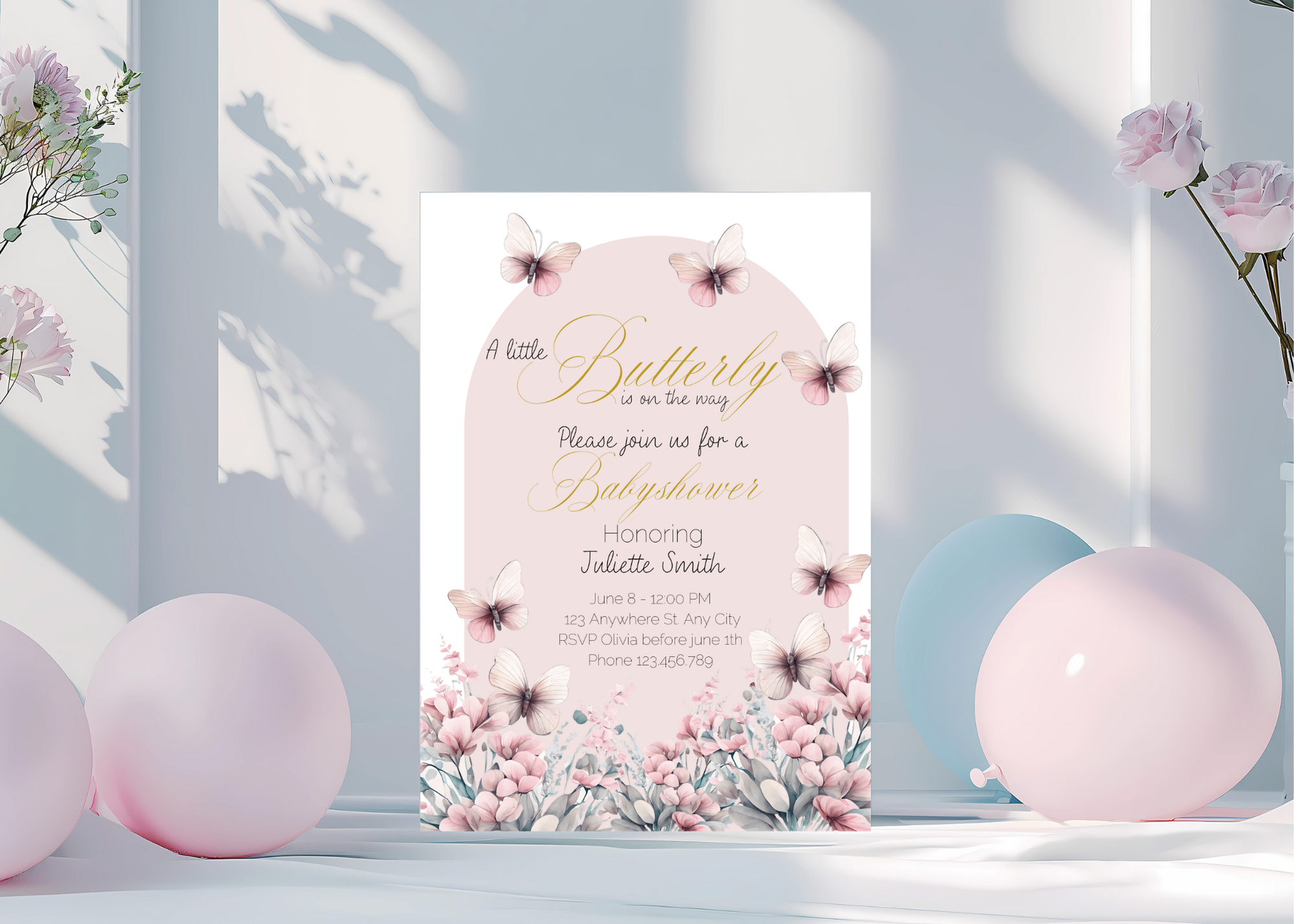 A Little Butterfly Is on the Way Baby Shower Invite | Pink Boho Butterflies | 5×7 Canva Template | Editable Printable Digital Download