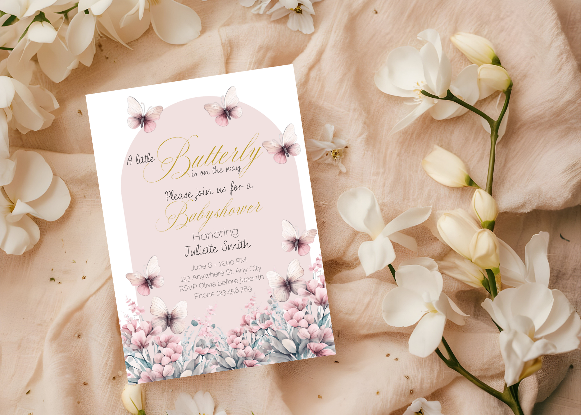 A Little Butterfly Is on the Way Baby Shower Invite | Pink Boho Butterflies | 5×7 Canva Template | Editable Printable Digital Download