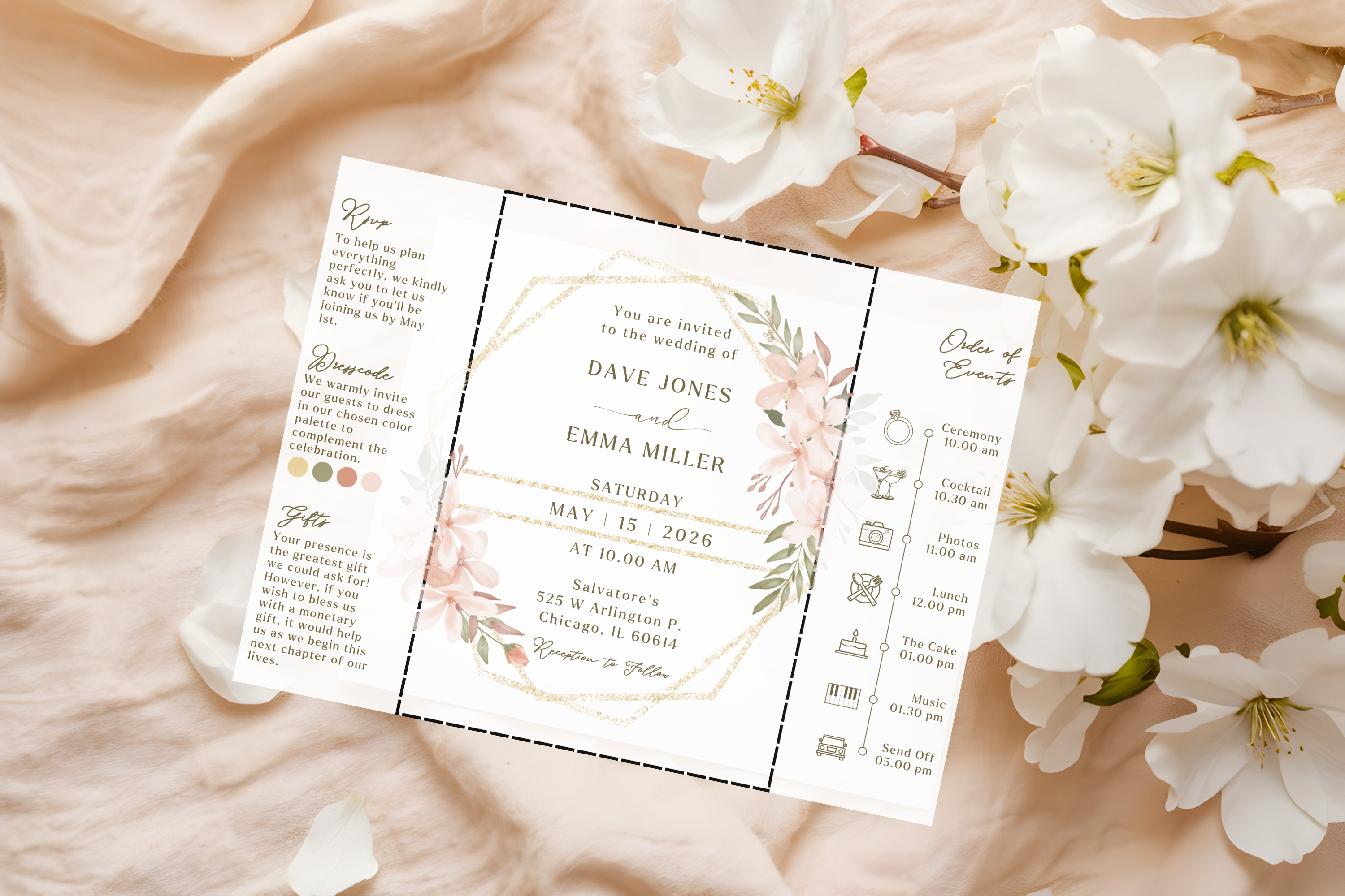 Boho Tri‑Fold Wedding Invitation | Soft Neutral Colors | Canva Template | Editable Printable Digital Download | Rustic Chic Invite