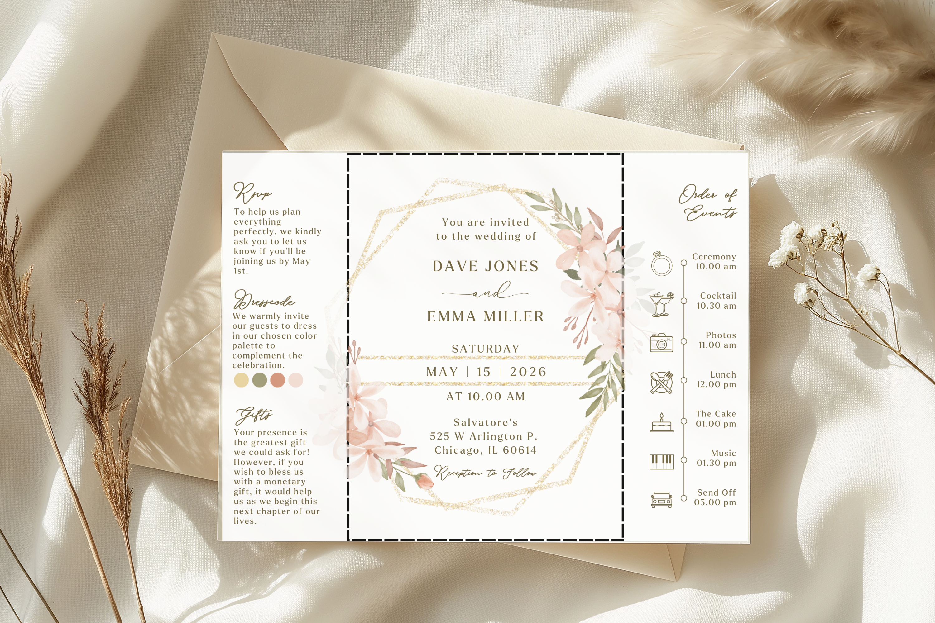 Boho Tri‑Fold Wedding Invitation | Soft Neutral Colors | Canva Template | Editable Printable Digital Download | Rustic Chic Invite