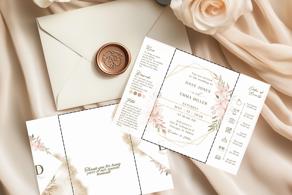 Boho Tri‑Fold Wedding Invitation | Soft Neutral Colors | Canva Template | Editable Printable Digital Download | Rustic Chic Invite