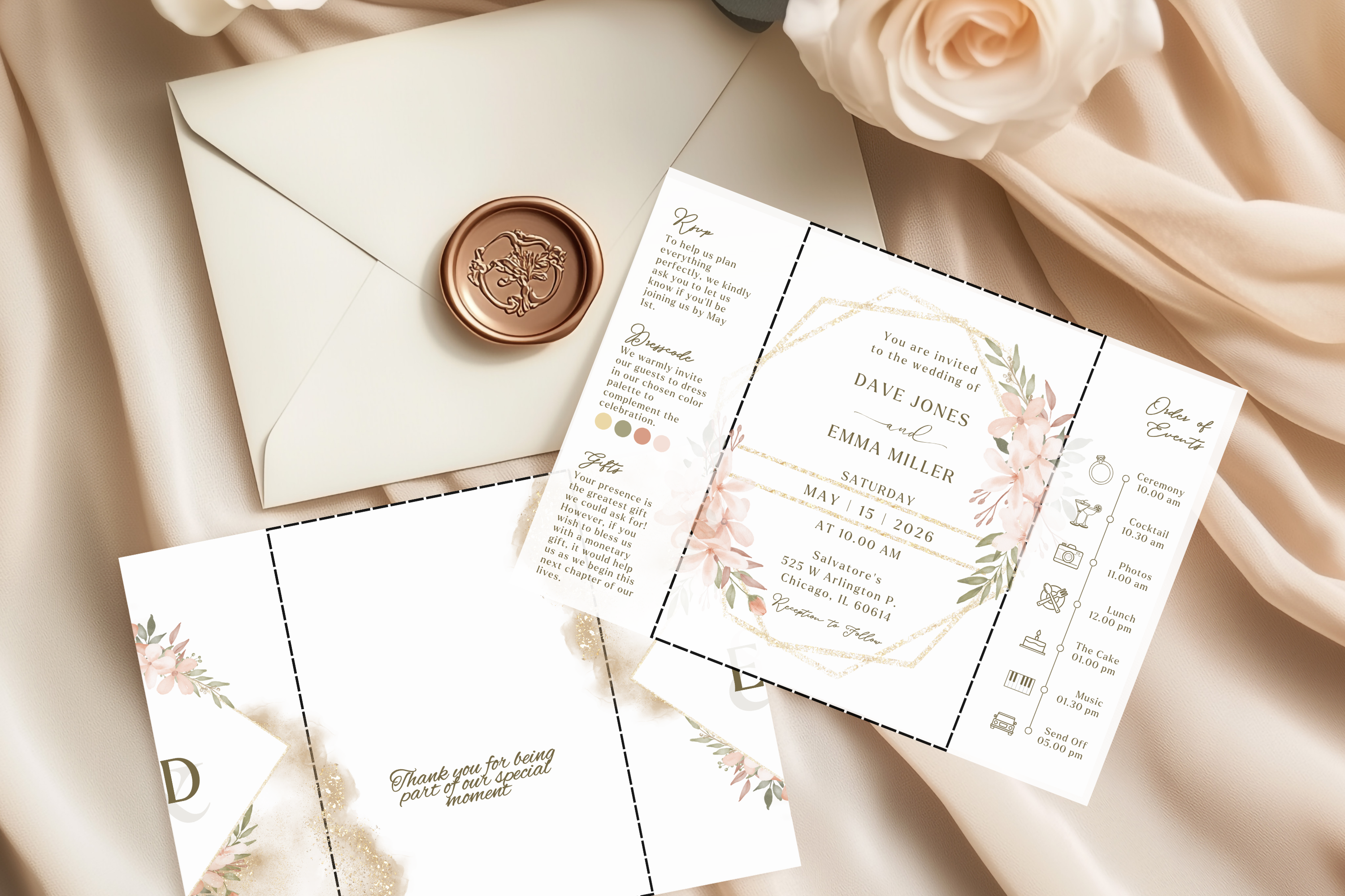 Boho Tri‑Fold Wedding Invitation | Soft Neutral Colors | Canva Template | Editable Printable Digital Download | Rustic Chic Invite