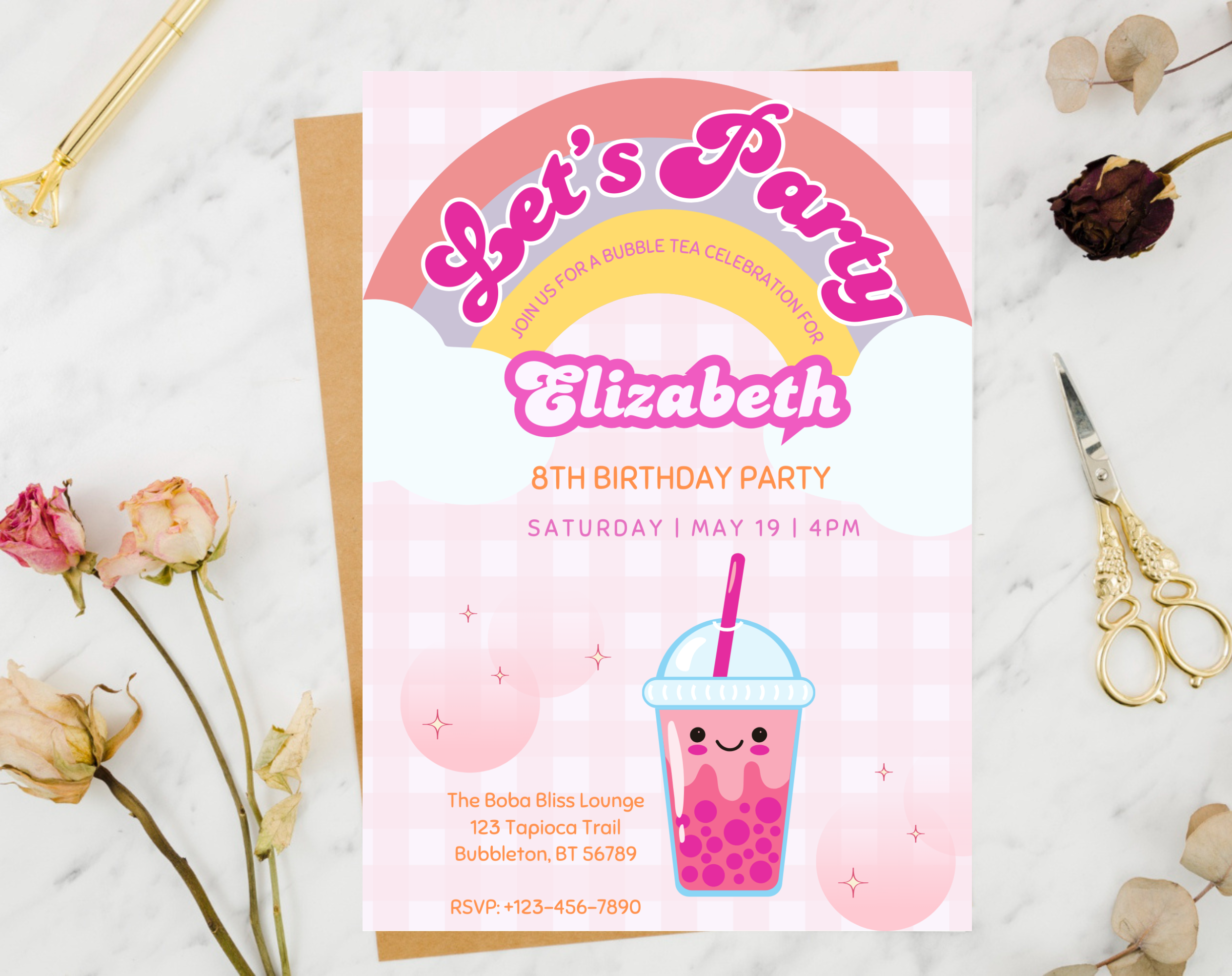 Bubble Tea Birthday Invitation | Let's Par-Tea Boba Invite | Editable Canva Template | Kawaii Girl Party | Instant Download