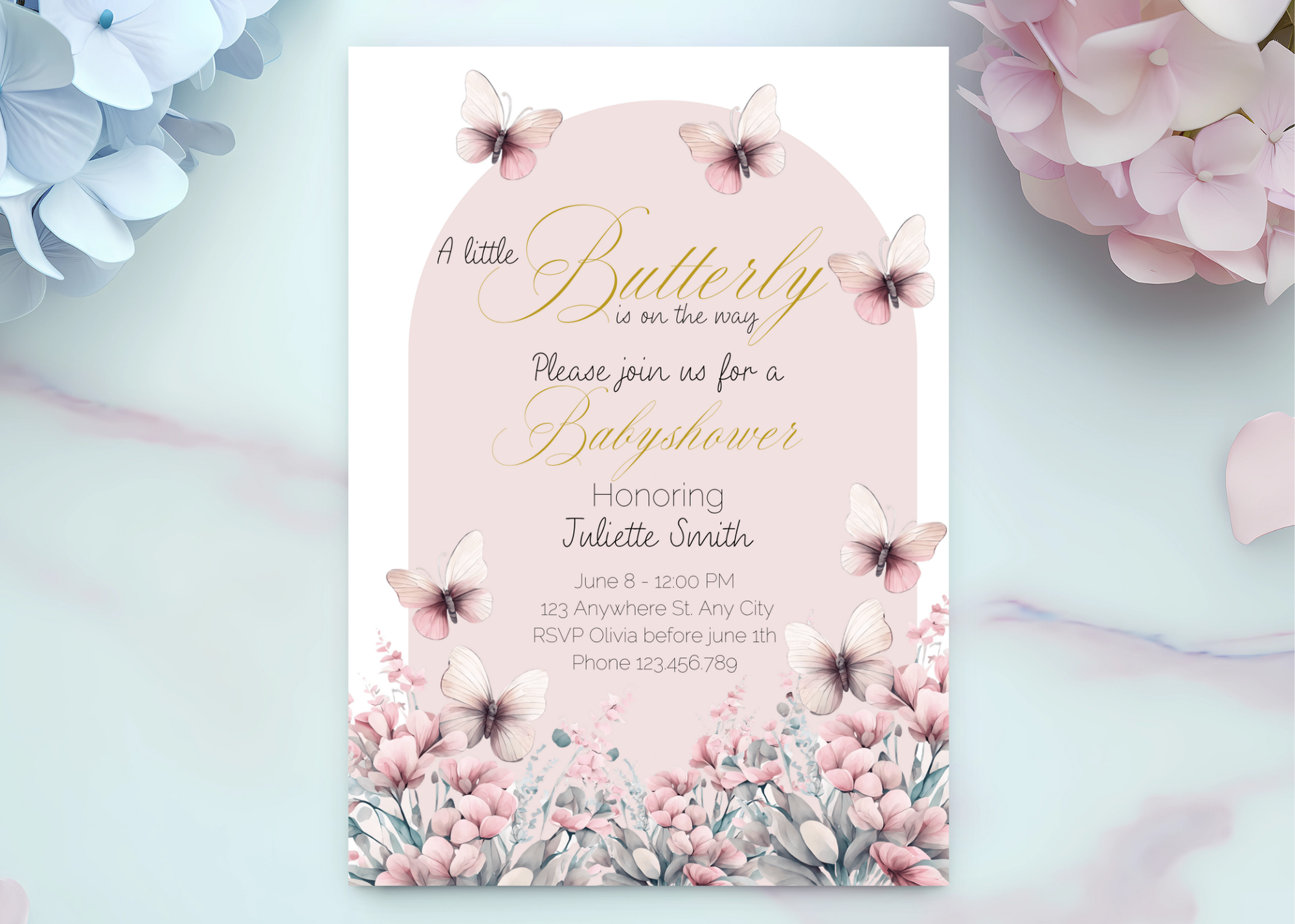 A Little Butterfly Is on the Way Baby Shower Invite | Pink Boho Butterflies | 5×7 Canva Template | Editable Printable Digital Download