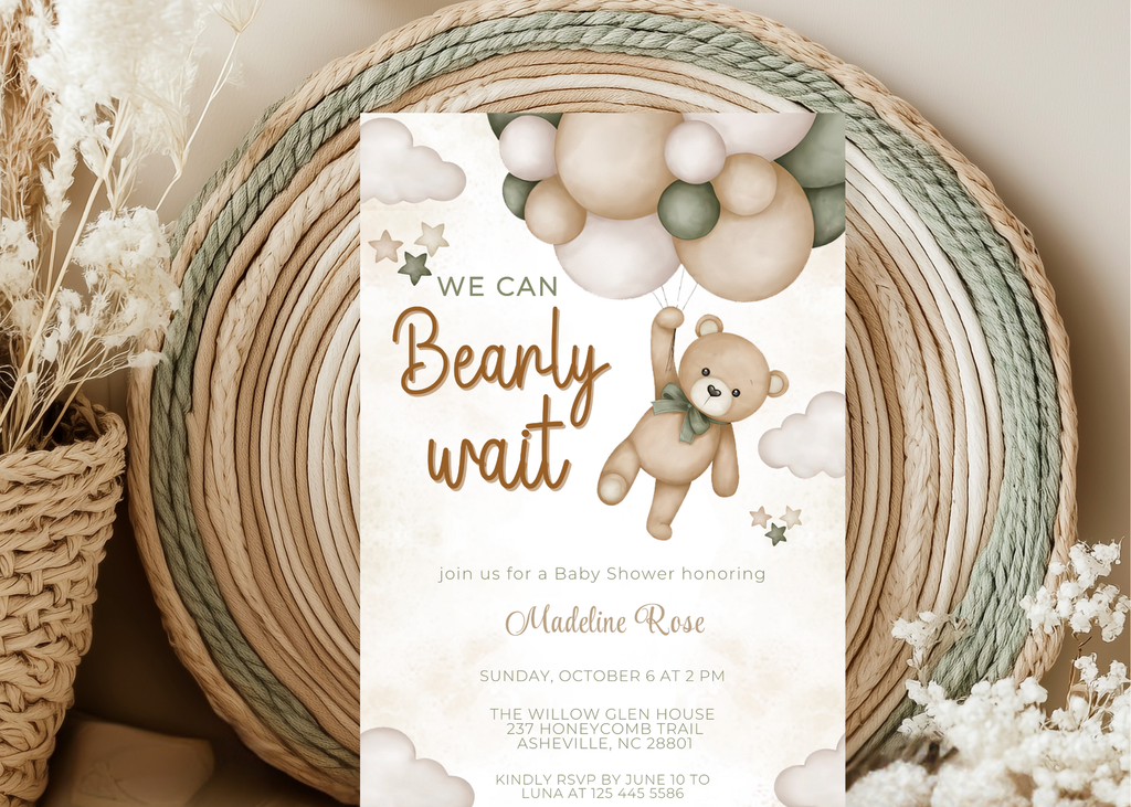 We Can Bearly Wait Baby Shower Invitation | Editable 5x7 Canva Template | Boho Cute Bear Gender Neutral Invite | Printable Digital Download