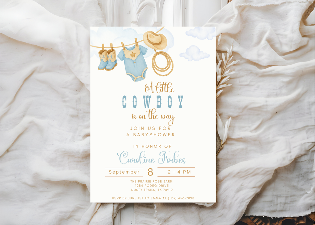 A Little Cowboy is on the Way Invitation | Editable Western Baby Shower Template | Rustic Rodeo Theme | Printable Digital Download