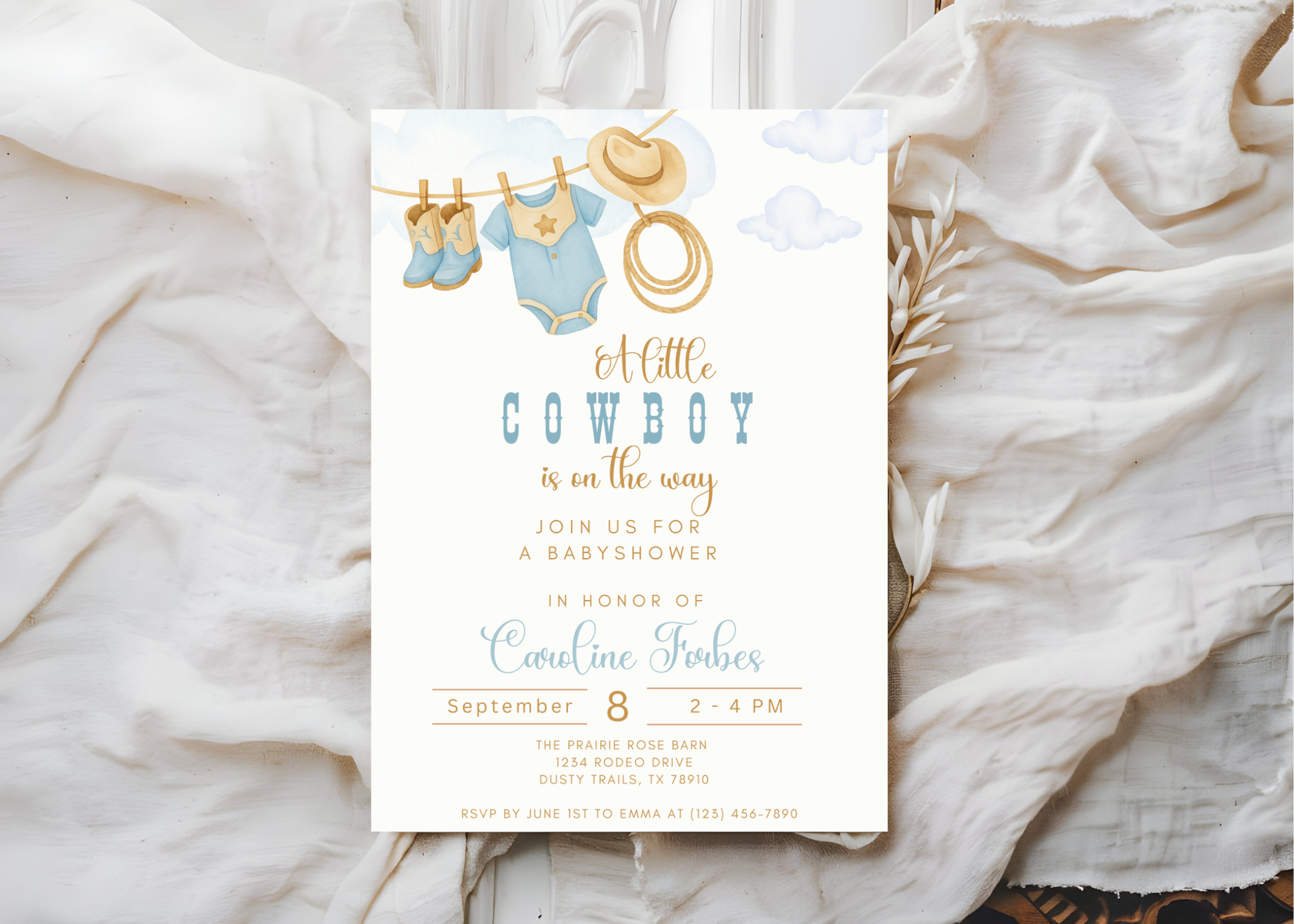 A Little Cowboy is on the Way Invitation | Editable Western Baby Shower Template | Rustic Rodeo Theme | Printable Digital Download