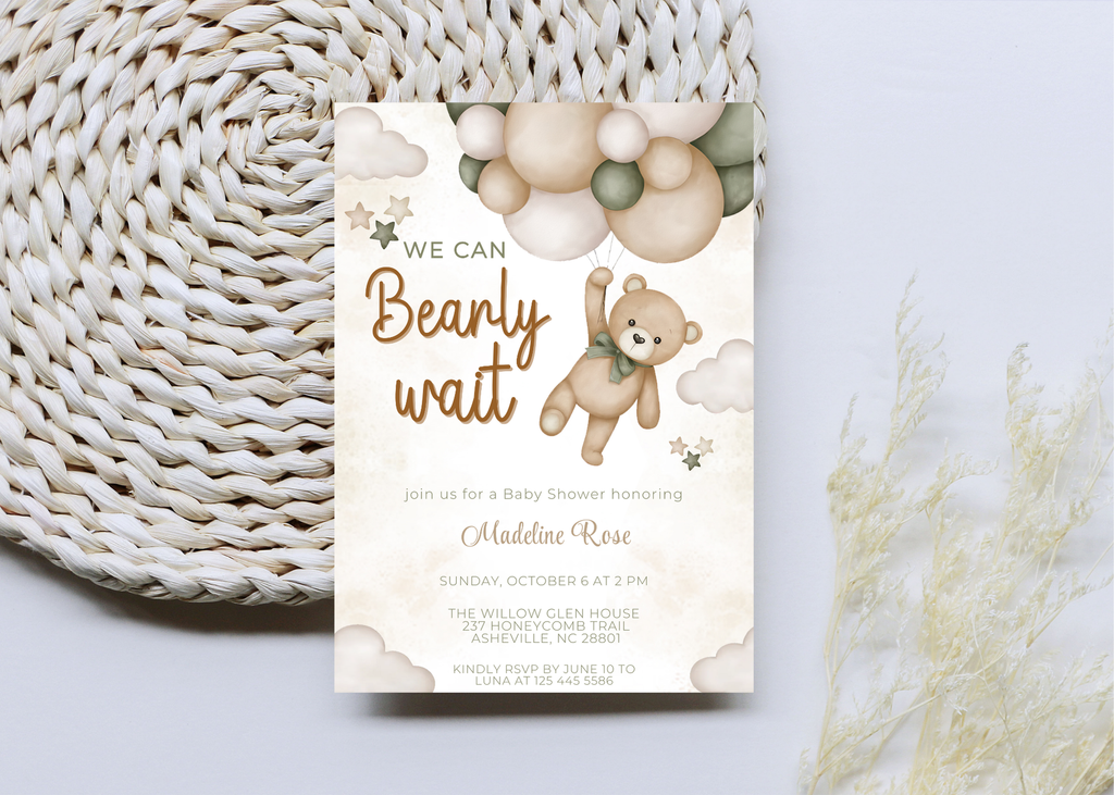 We Can Bearly Wait Baby Shower Invitation | Editable 5x7 Canva Template | Boho Cute Bear Gender Neutral Invite | Printable Digital Download