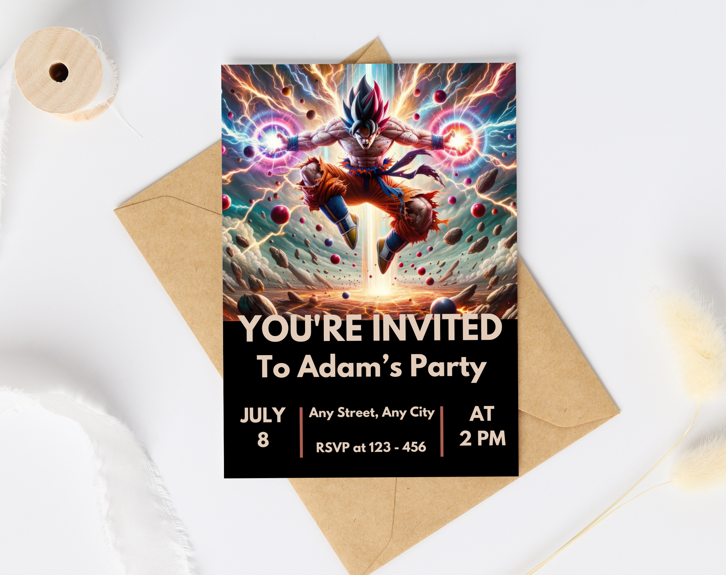 Editable Anime Warrior Birthday Invitation Canva Template | Action Hero Party Invite for Boys | Saiyan Inspired Digital Download
