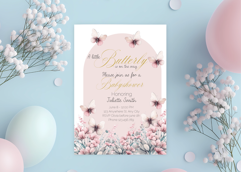 A Little Butterfly Is on the Way Baby Shower Invite | Pink Boho Butterflies | 5×7 Canva Template | Editable Printable Digital Download