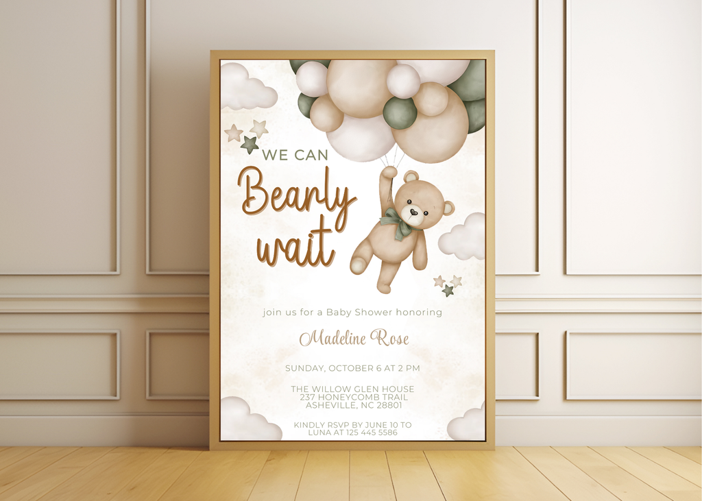 We Can Bearly Wait Baby Shower Invitation | Editable 5x7 Canva Template | Boho Cute Bear Gender Neutral Invite | Printable Digital Download
