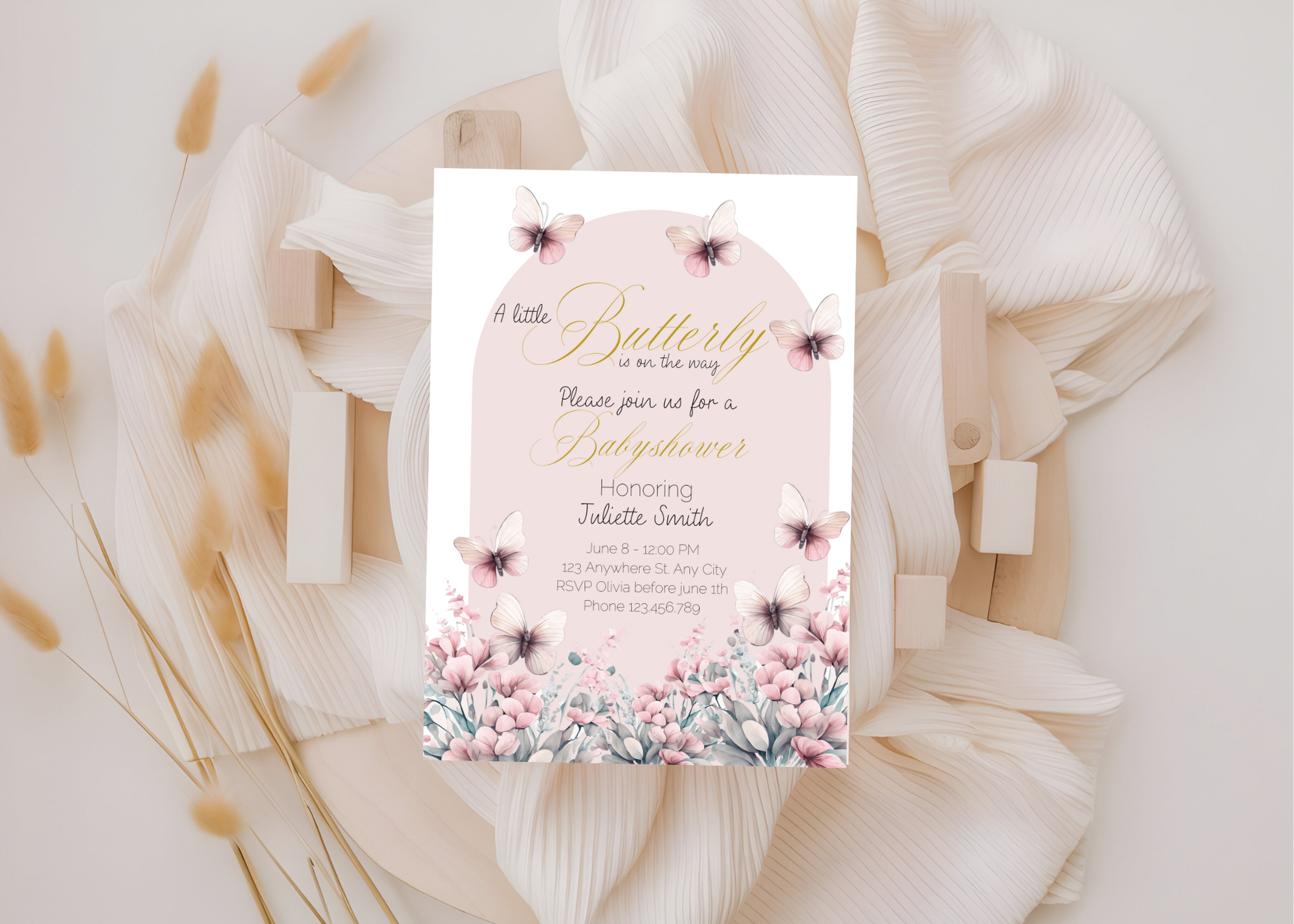 A Little Butterfly Is on the Way Baby Shower Invite | Pink Boho Butterflies | 5×7 Canva Template | Editable Printable Digital Download