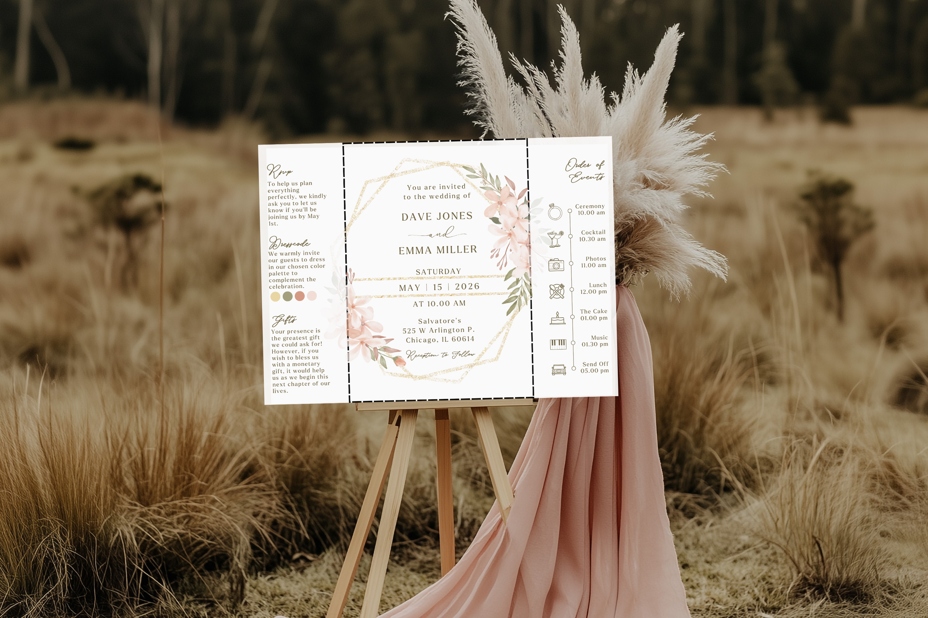 Boho Tri‑Fold Wedding Invitation | Soft Neutral Colors | Canva Template | Editable Printable Digital Download | Rustic Chic Invite