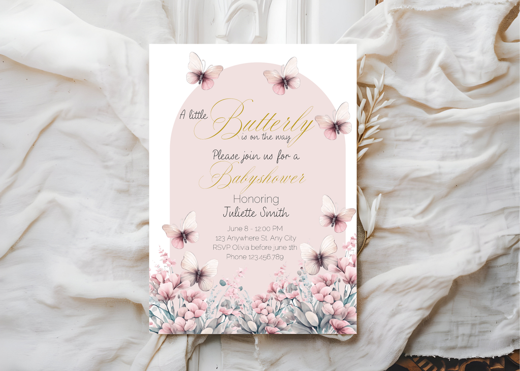 A Little Butterfly Is on the Way Baby Shower Invite | Pink Boho Butterflies | 5×7 Canva Template | Editable Printable Digital Download