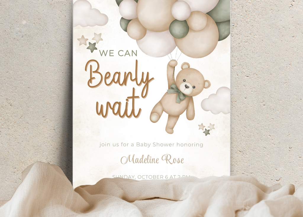 We Can Bearly Wait Baby Shower Invitation | Editable 5x7 Canva Template | Boho Cute Bear Gender Neutral Invite | Printable Digital Download