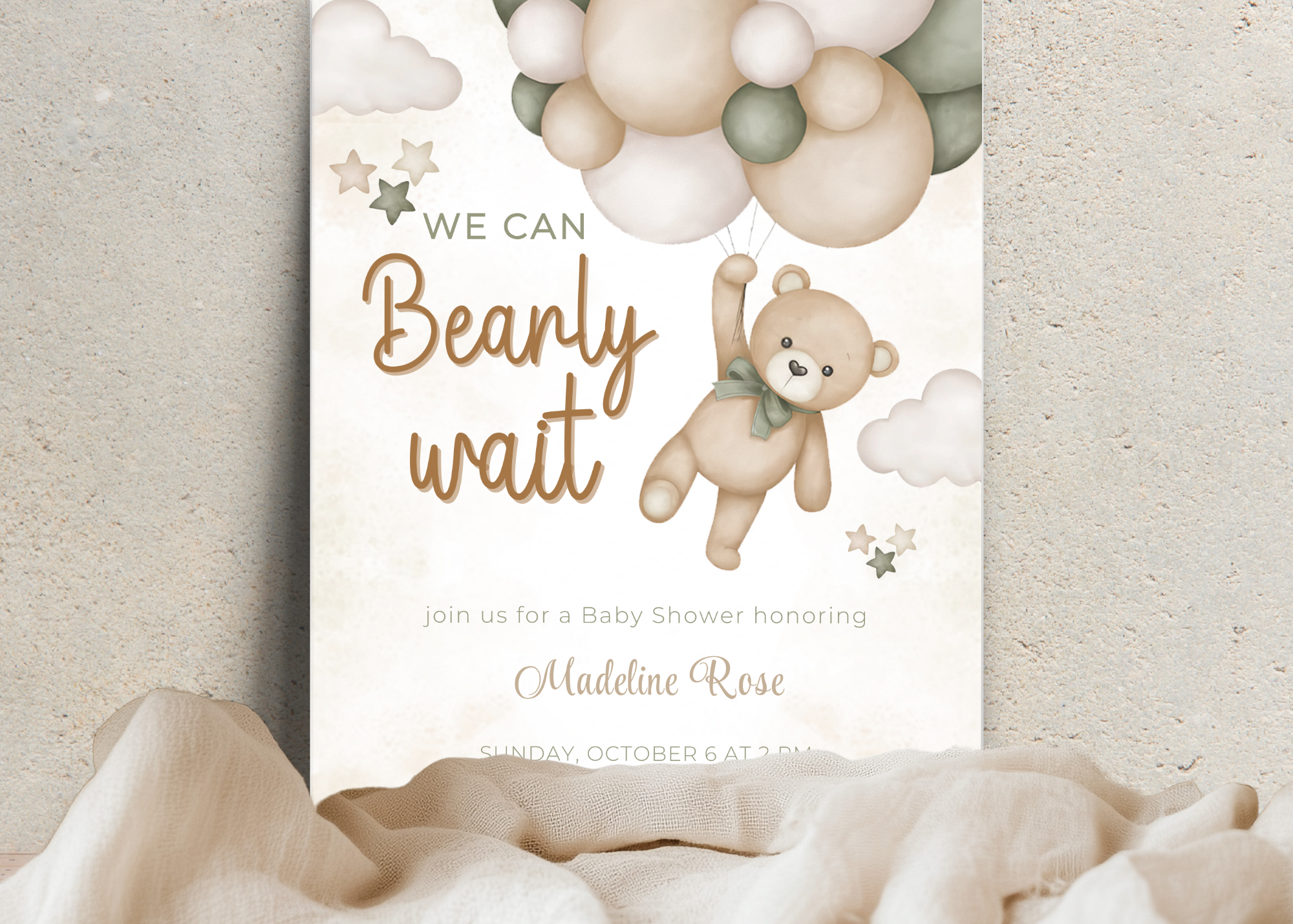 We Can Bearly Wait Baby Shower Invitation | Editable 5x7 Canva Template | Boho Cute Bear Gender Neutral Invite | Printable Digital Download