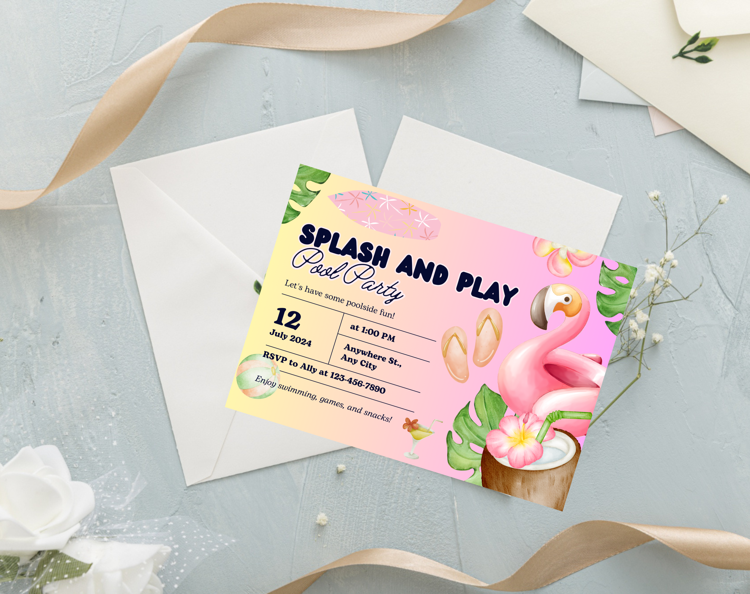 Flamingo Pool Party Invitation | Let's Flamingle Birthday Invite | Tropical Summer Bash | Editable Canva Template | Instant Download