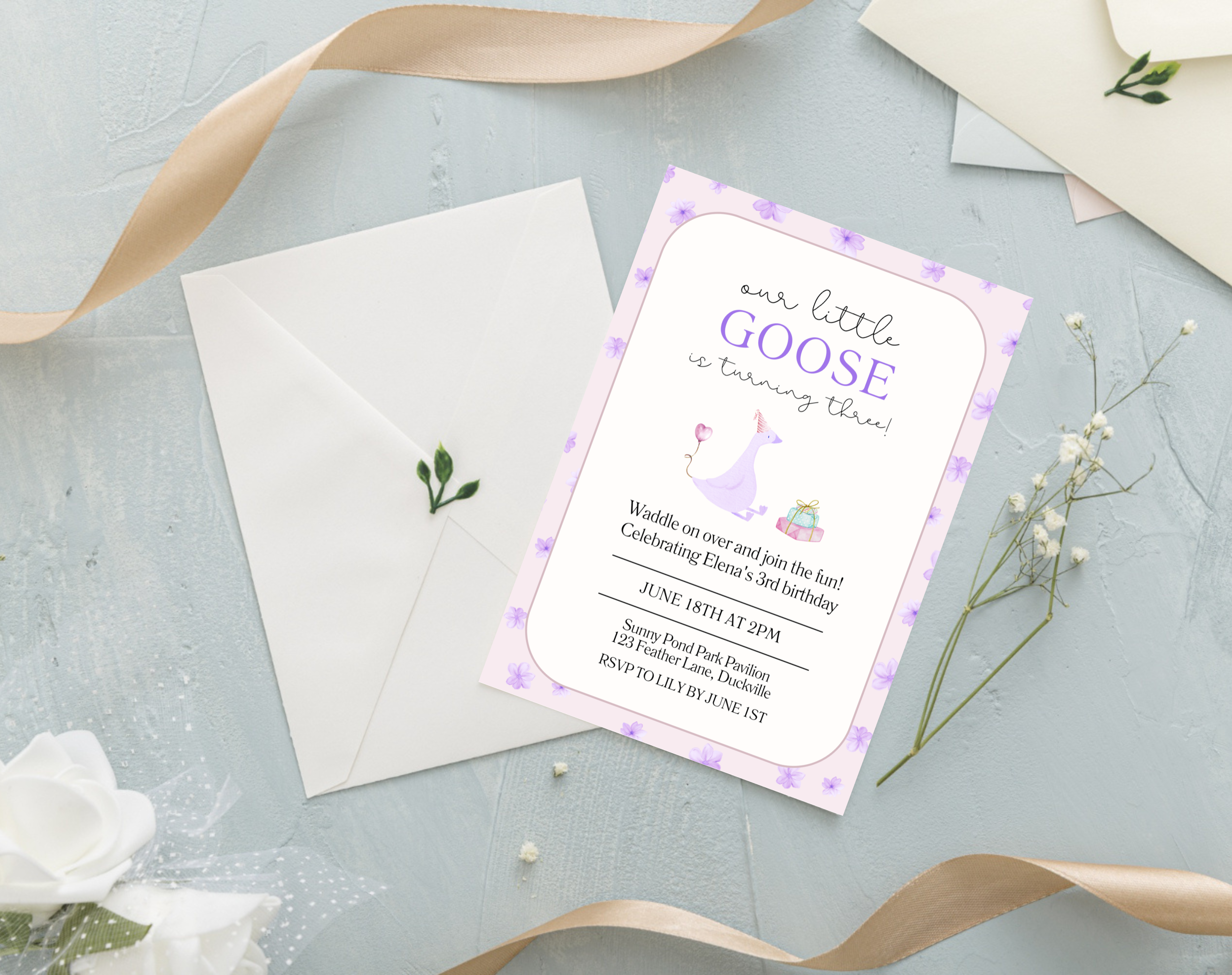Our Little Goose is Turning 3 Invitation | Editable Purple Pastel Birthday Invite | Canva Template | Printable Digital Download | Farm Party