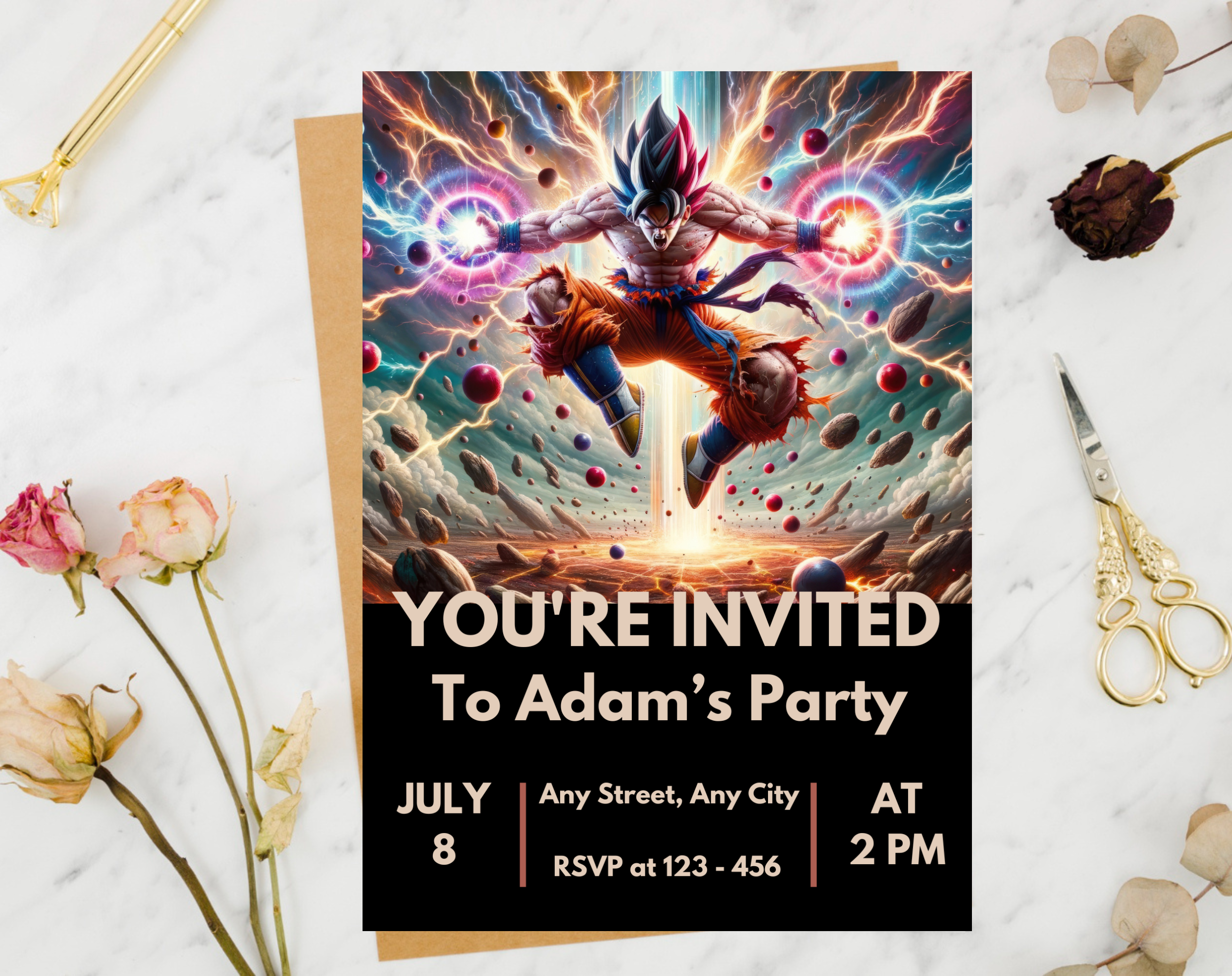 Editable Anime Warrior Birthday Invitation Canva Template | Action Hero Party Invite for Boys | Saiyan Inspired Digital Download