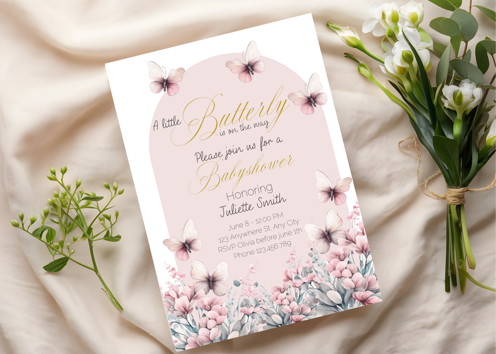 A Little Butterfly Is on the Way Baby Shower Invite | Pink Boho Butterflies | 5×7 Canva Template | Editable Printable Digital Download
