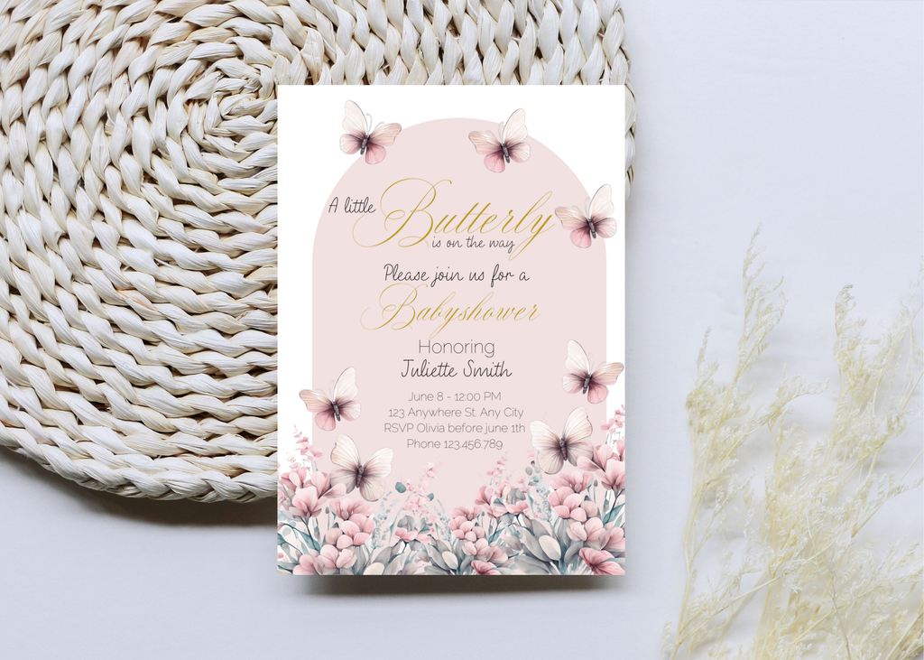 A Little Butterfly Is on the Way Baby Shower Invite | Pink Boho Butterflies | 5×7 Canva Template | Editable Printable Digital Download
