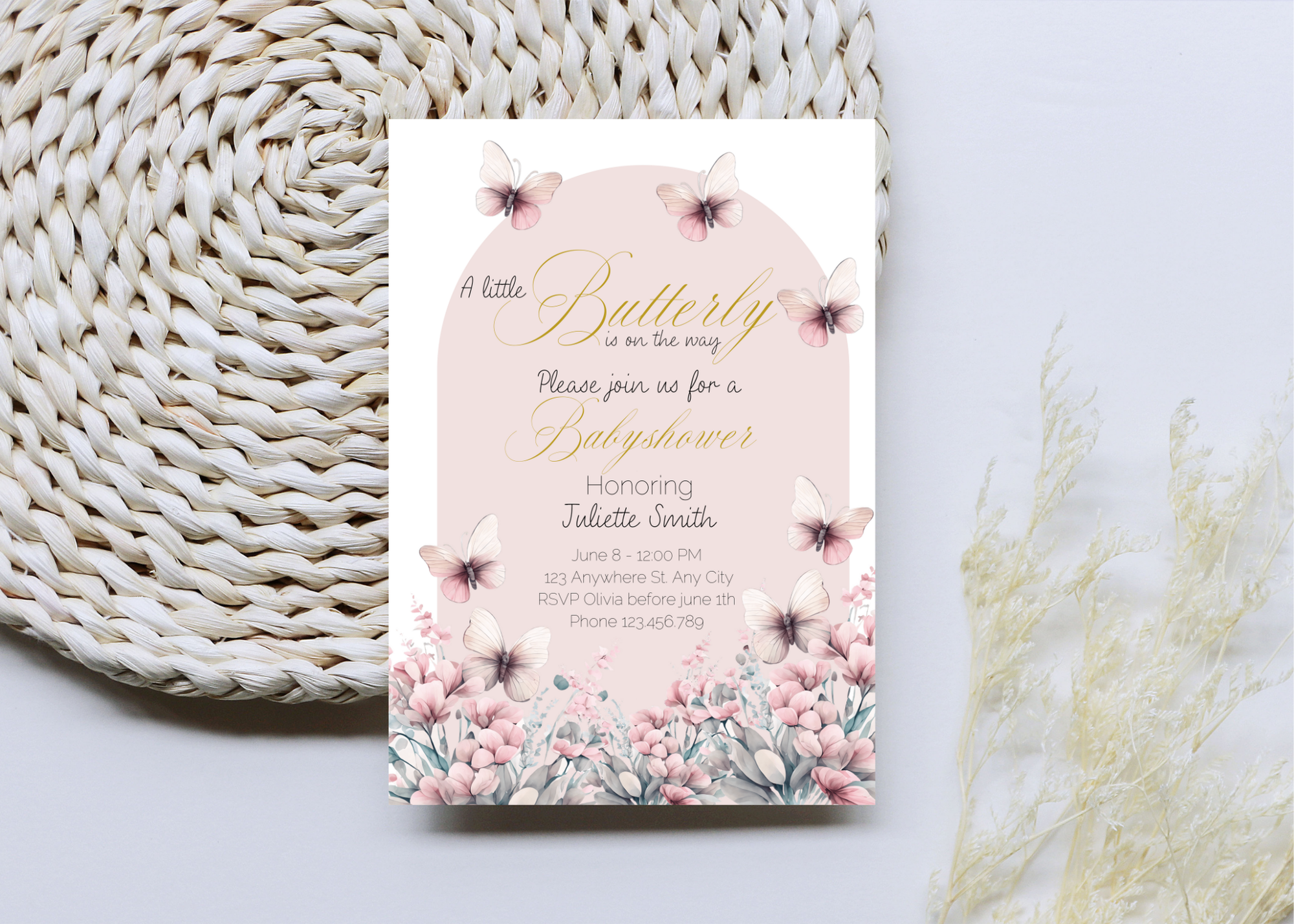 A Little Butterfly Is on the Way Baby Shower Invite | Pink Boho Butterflies | 5×7 Canva Template | Editable Printable Digital Download