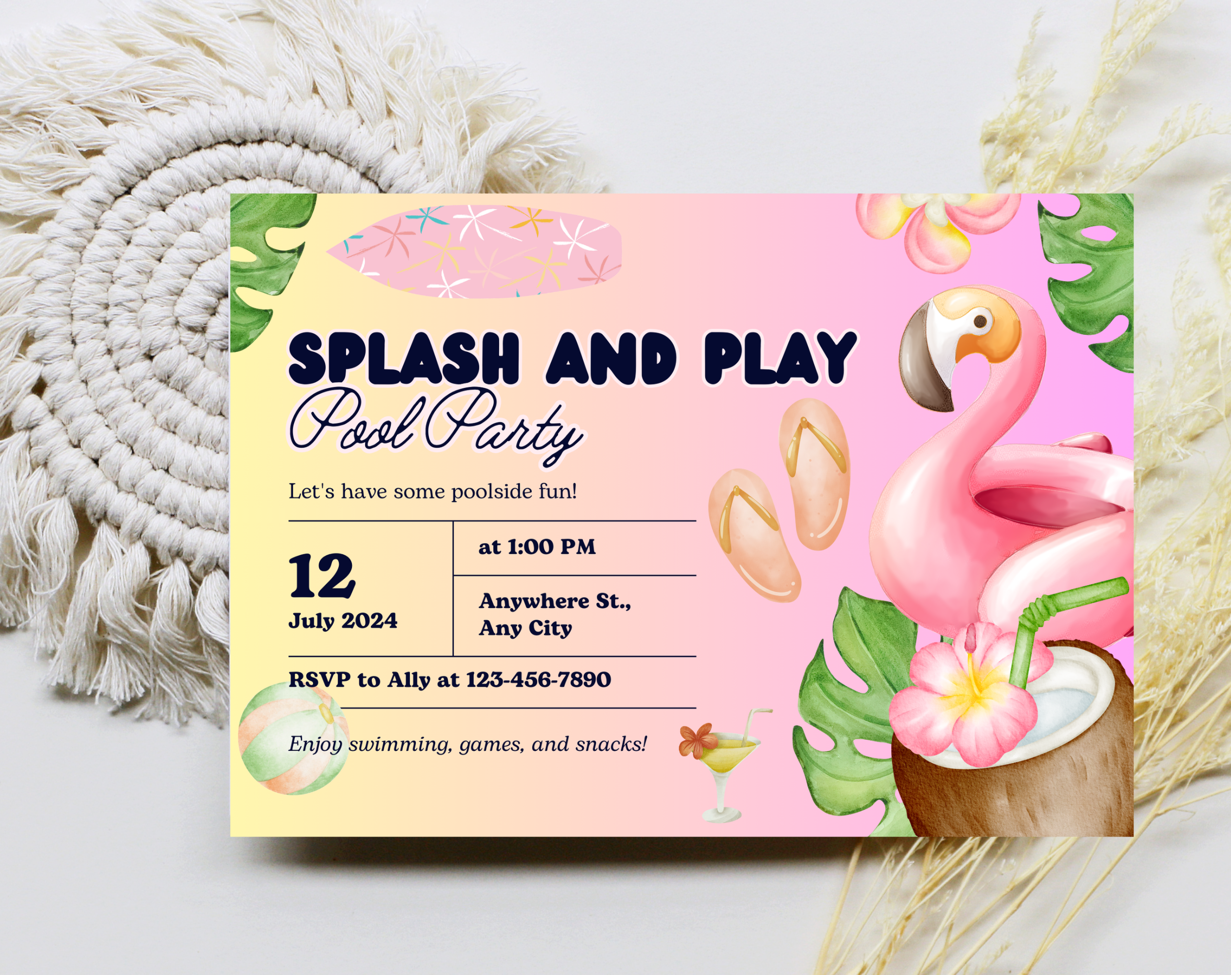 Flamingo Pool Party Invitation | Let's Flamingle Birthday Invite | Tropical Summer Bash | Editable Canva Template | Instant Download