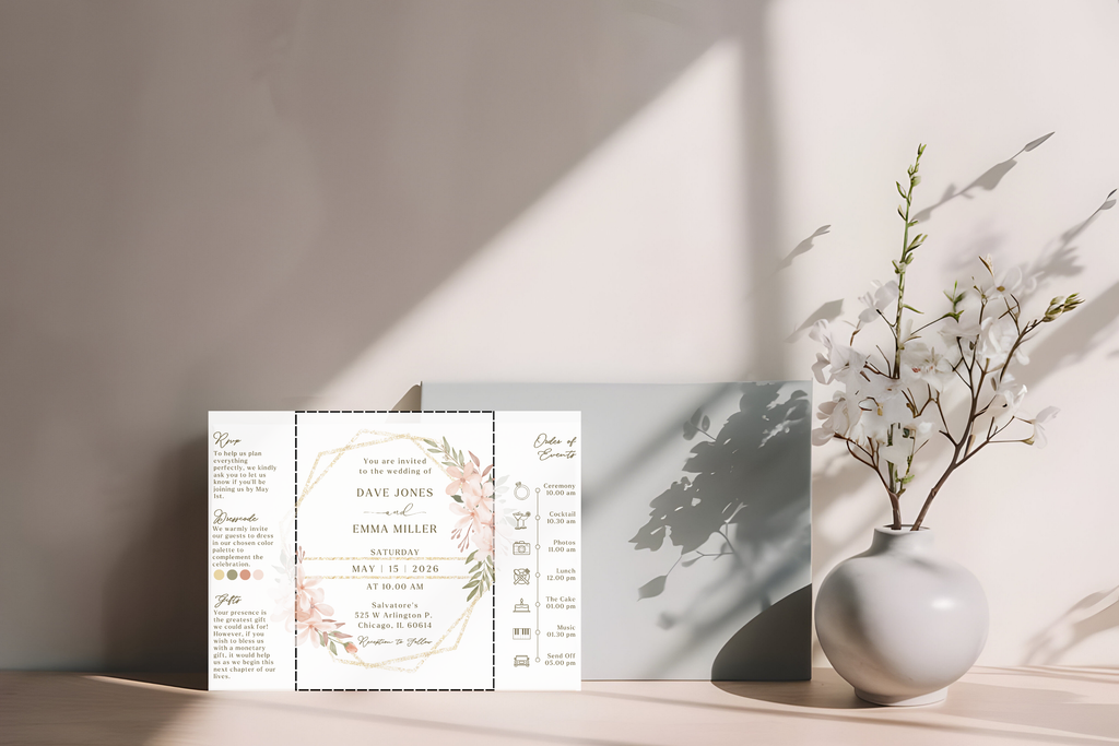 Boho Tri‑Fold Wedding Invitation | Soft Neutral Colors | Canva Template | Editable Printable Digital Download | Rustic Chic Invite