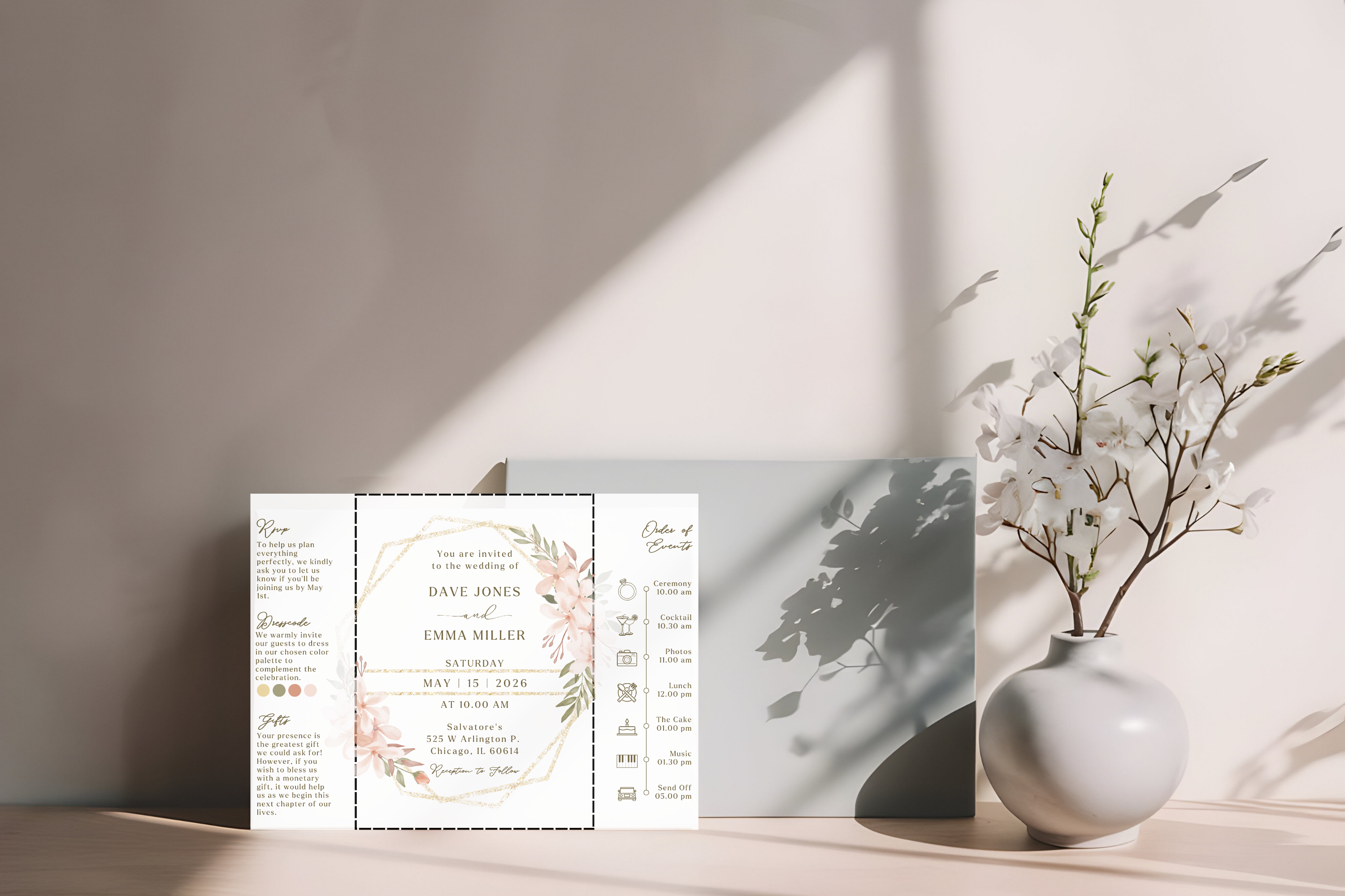 Boho Tri‑Fold Wedding Invitation | Soft Neutral Colors | Canva Template | Editable Printable Digital Download | Rustic Chic Invite