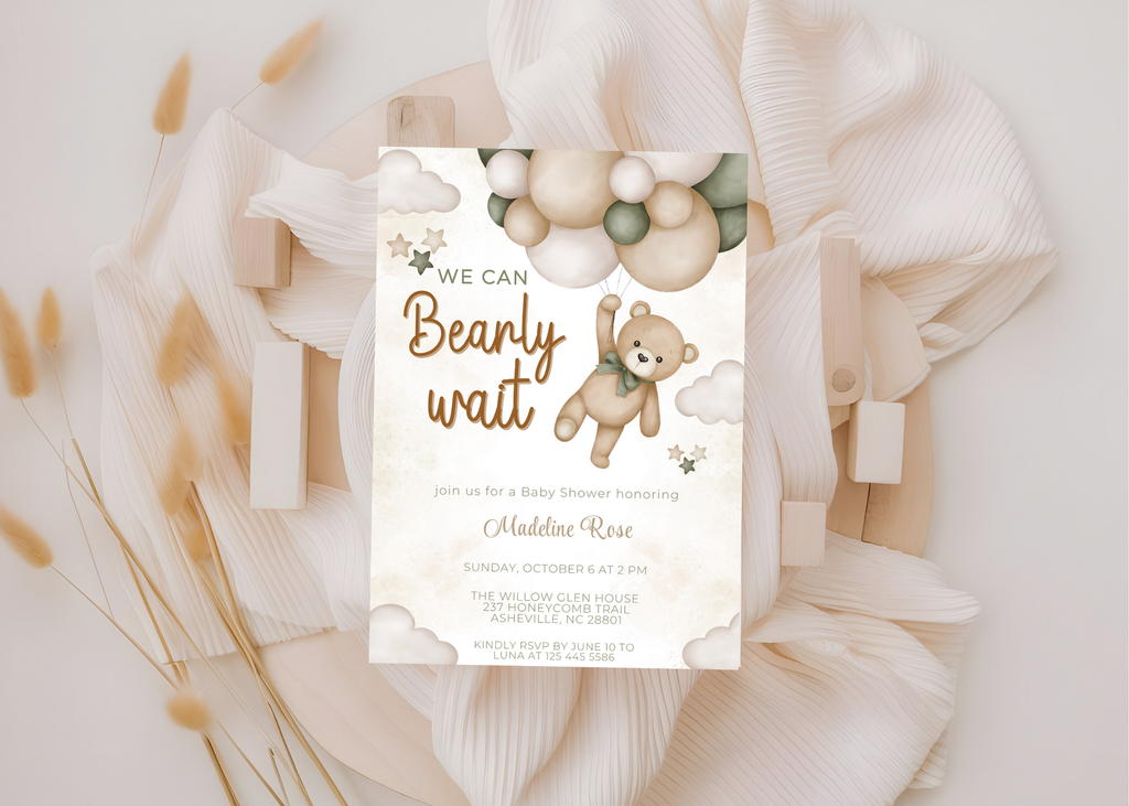 We Can Bearly Wait Baby Shower Invitation | Editable 5x7 Canva Template | Boho Cute Bear Gender Neutral Invite | Printable Digital Download
