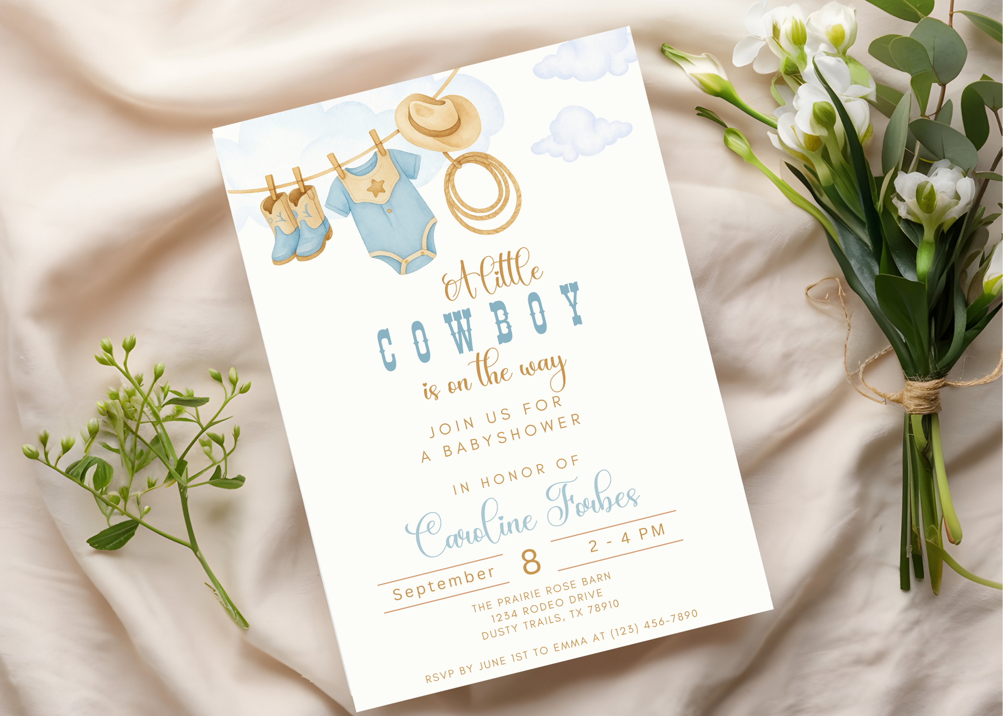 A Little Cowboy is on the Way Invitation | Editable Western Baby Shower Template | Rustic Rodeo Theme | Printable Digital Download