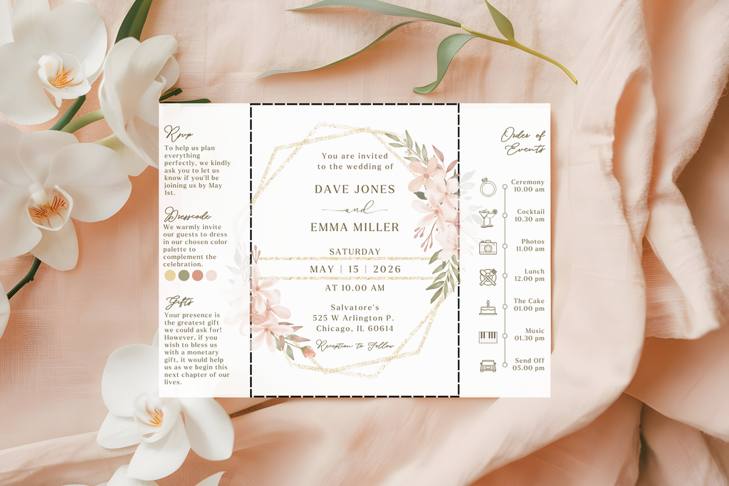 Boho Tri‑Fold Wedding Invitation | Soft Neutral Colors | Canva Template | Editable Printable Digital Download | Rustic Chic Invite