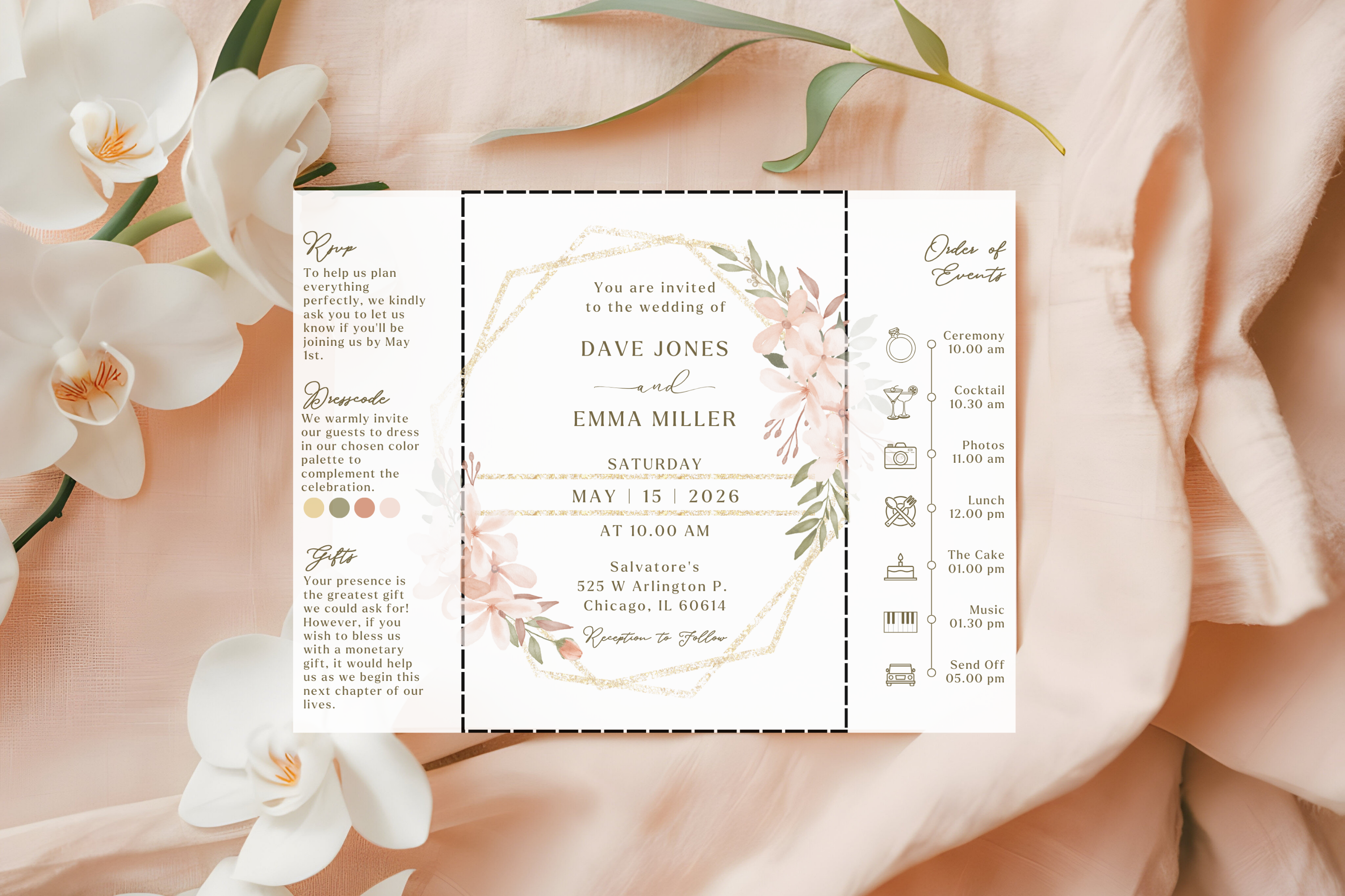 Boho Tri‑Fold Wedding Invitation | Soft Neutral Colors | Canva Template | Editable Printable Digital Download | Rustic Chic Invite