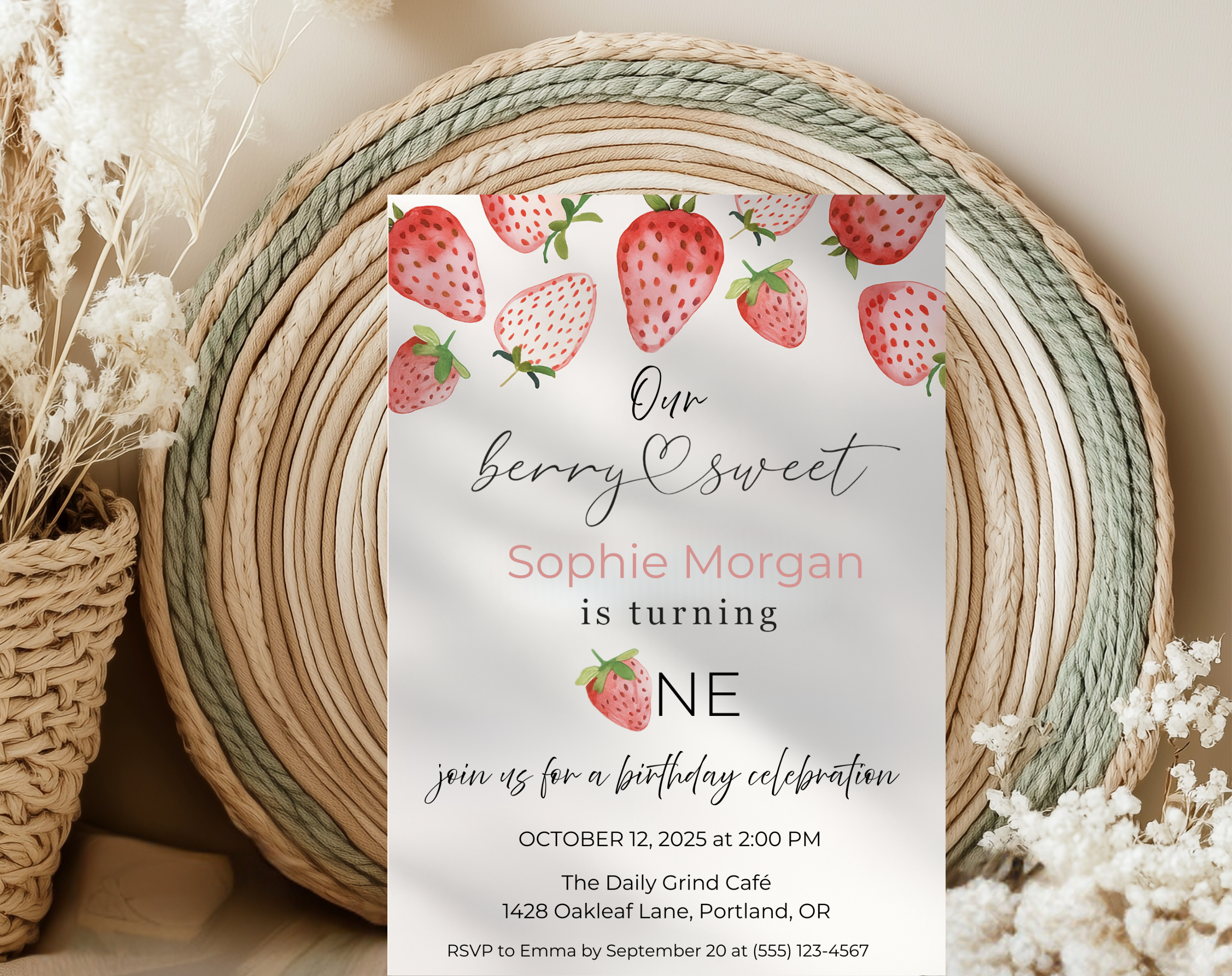 Our Berry Sweet Is Turning One Birthday Invite | Strawberry 1st Birthday Canva Template | Editable 5×7 Printable Digital Download for Girls