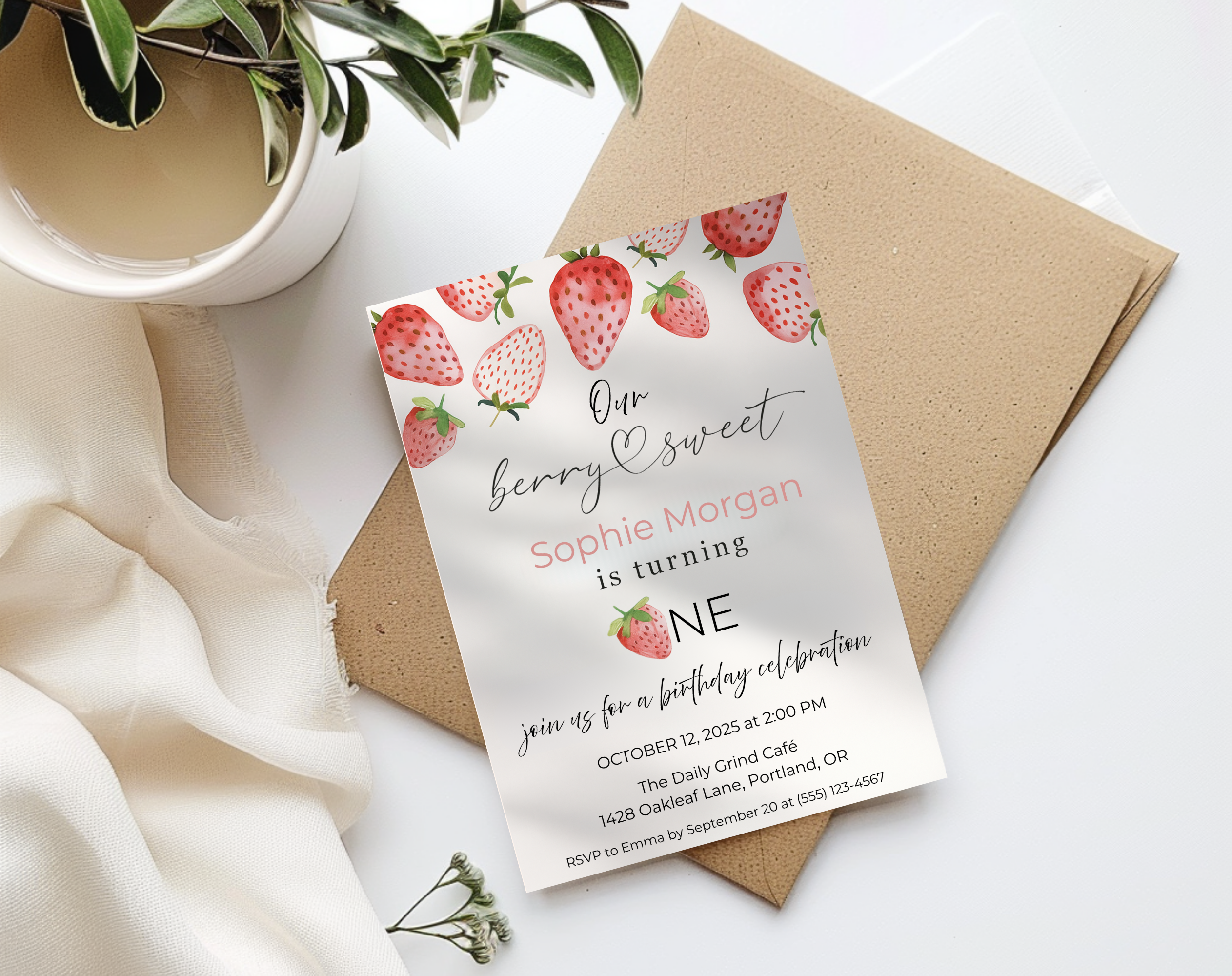 Our Berry Sweet Is Turning One Birthday Invite | Strawberry 1st Birthday Canva Template | Editable 5×7 Printable Digital Download for Girls