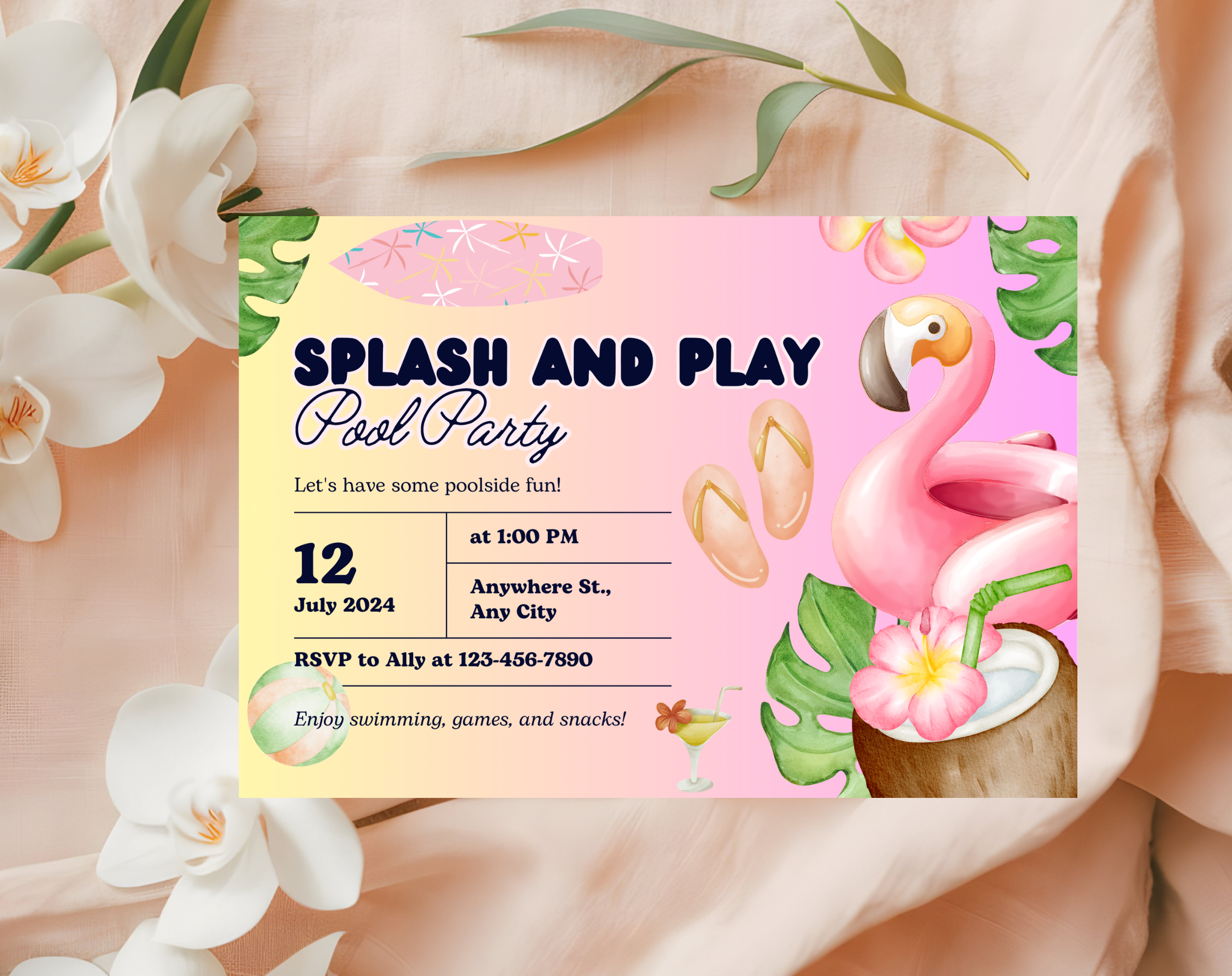 Flamingo Pool Party Invitation | Let's Flamingle Birthday Invite | Tropical Summer Bash | Editable Canva Template | Instant Download