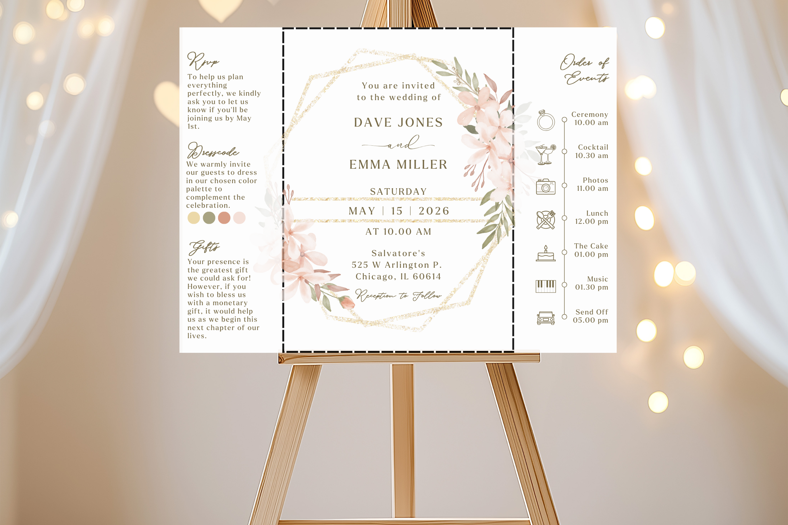 Boho Tri‑Fold Wedding Invitation | Soft Neutral Colors | Canva Template | Editable Printable Digital Download | Rustic Chic Invite