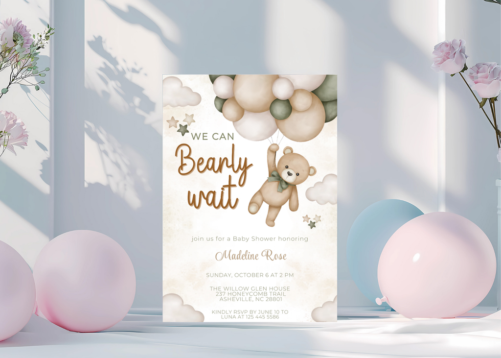 We Can Bearly Wait Baby Shower Invitation | Editable 5x7 Canva Template | Boho Cute Bear Gender Neutral Invite | Printable Digital Download